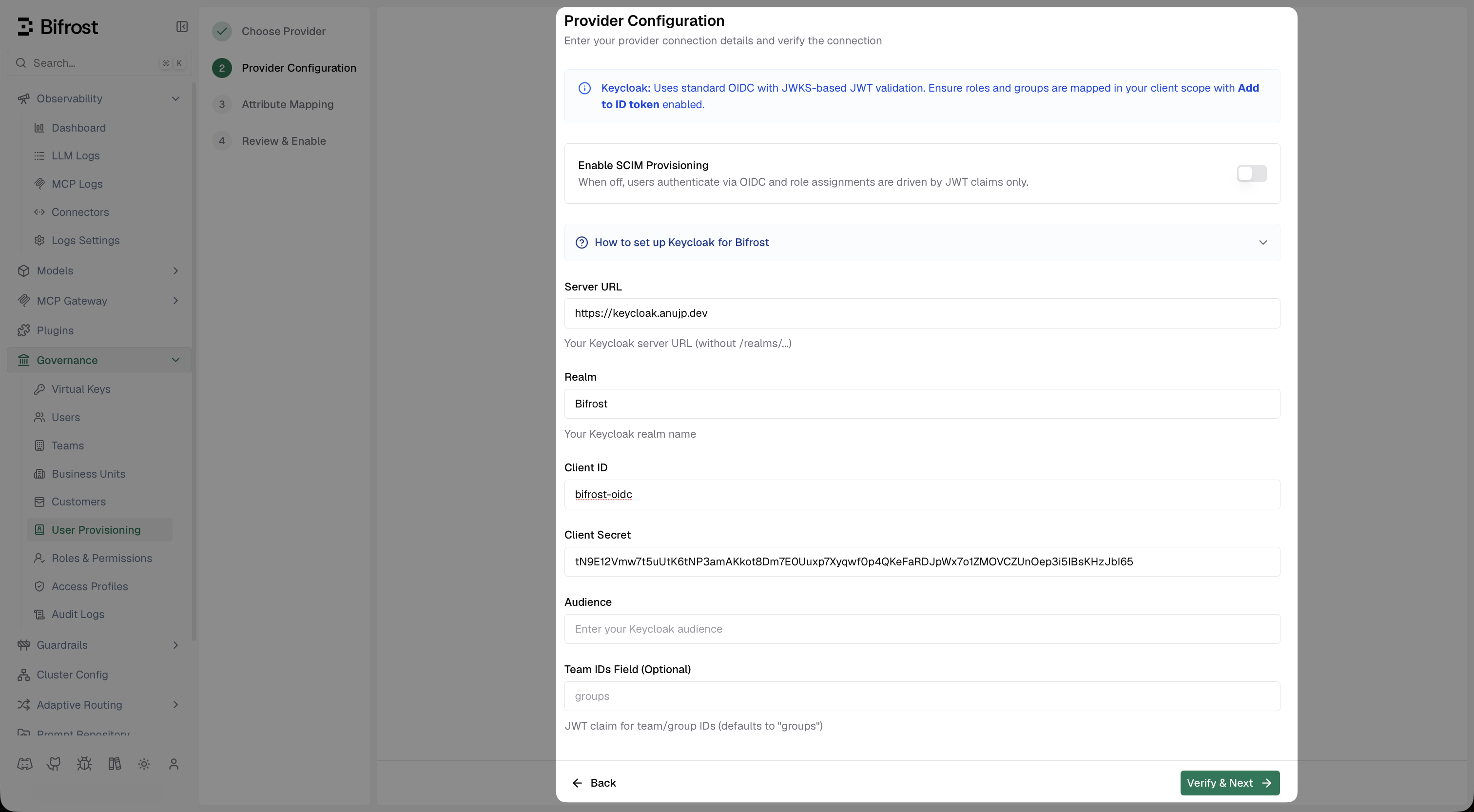 Bifrost Provider Configuration form for Keycloak with Server URL, Realm, Client ID, Client Secret, and Team IDs Field filled in