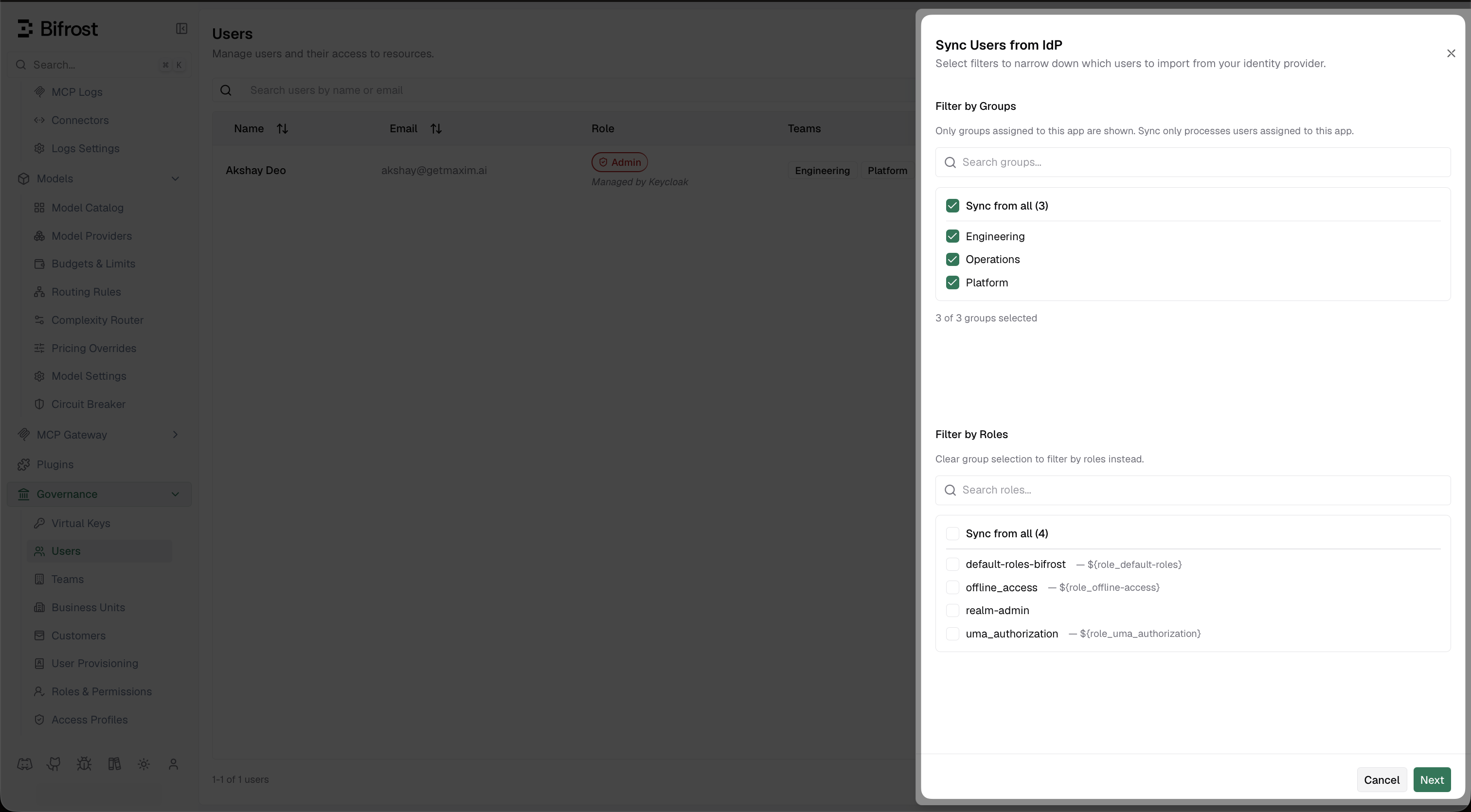 Sync Users from IdP dialog showing Filter by Groups with Engineering, Operations, and Platform checkboxes, and Filter by Roles section