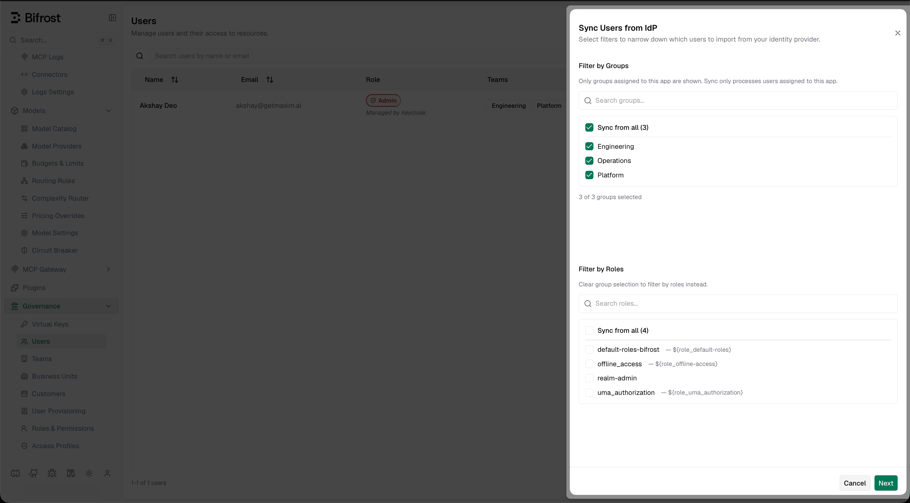 Sync Users from IdP dialog showing Filter by Groups with Engineering, Operations, and Platform checkboxes, and Filter by Roles section