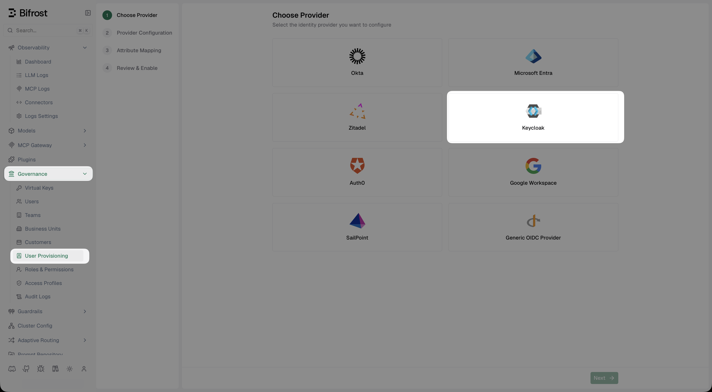 Bifrost Choose Provider screen with Keycloak card selected