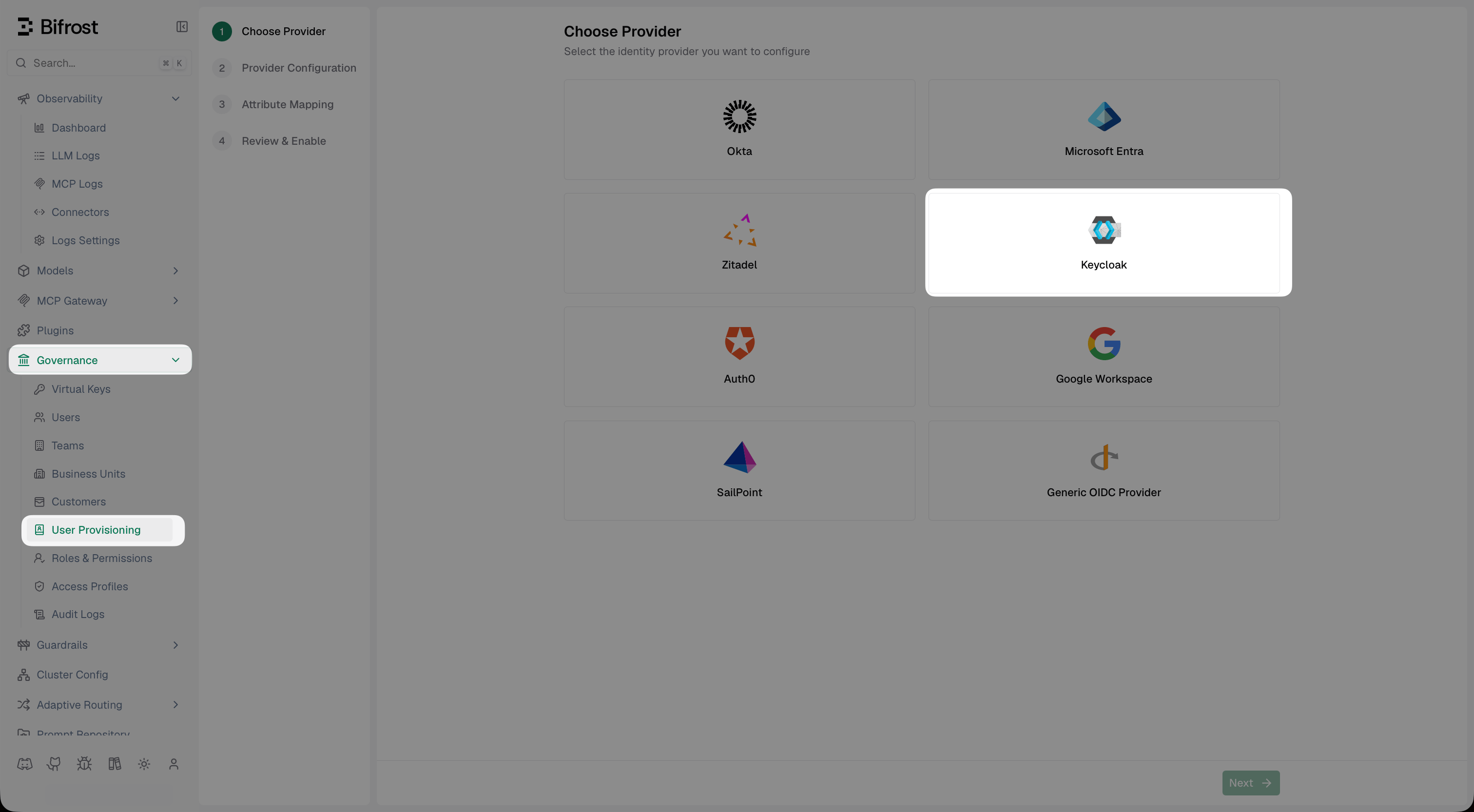 Bifrost Choose Provider screen with Keycloak card selected