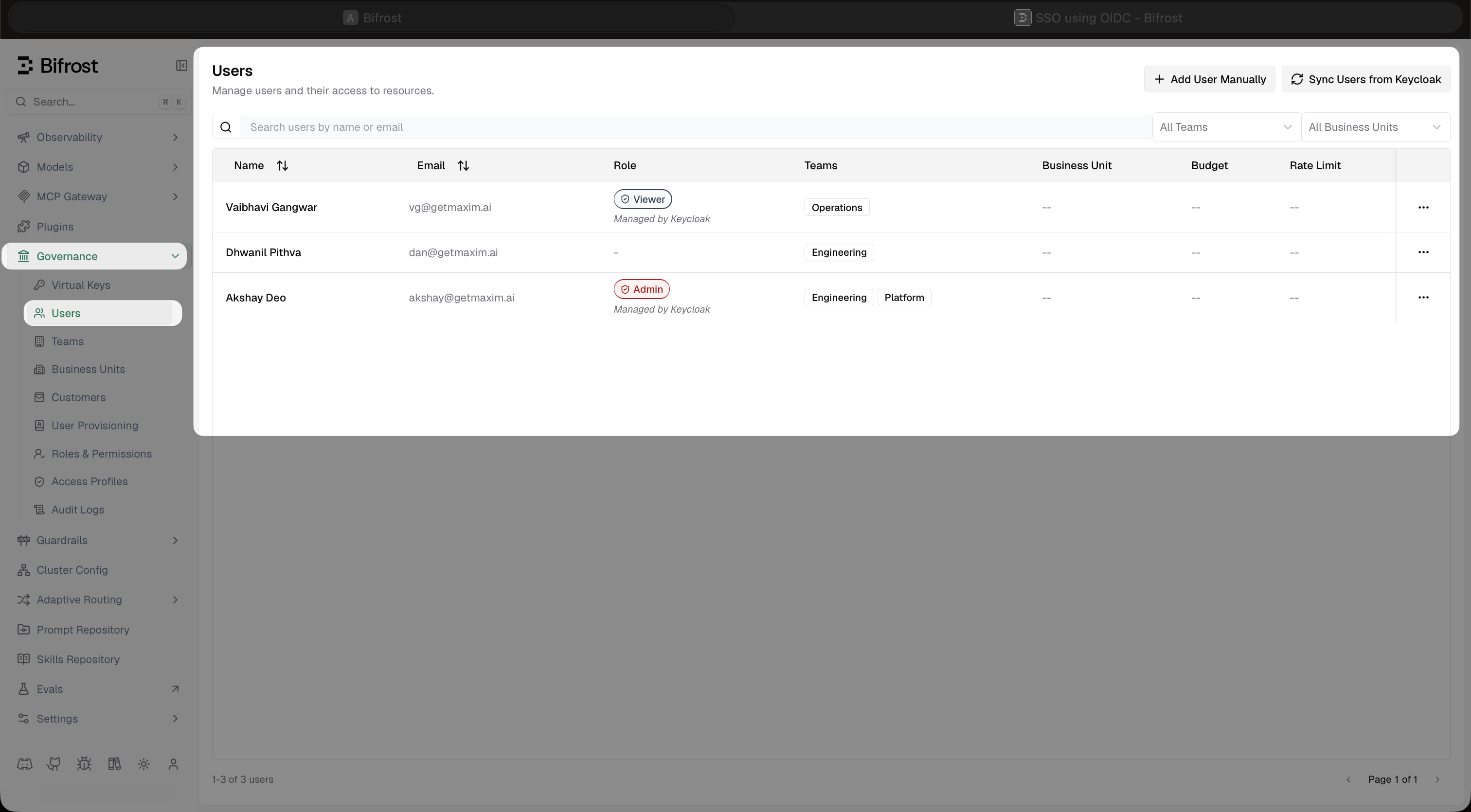 Bifrost Users page showing a user with Admin role and Engineering and Platform teams, marked Managed by Keycloak