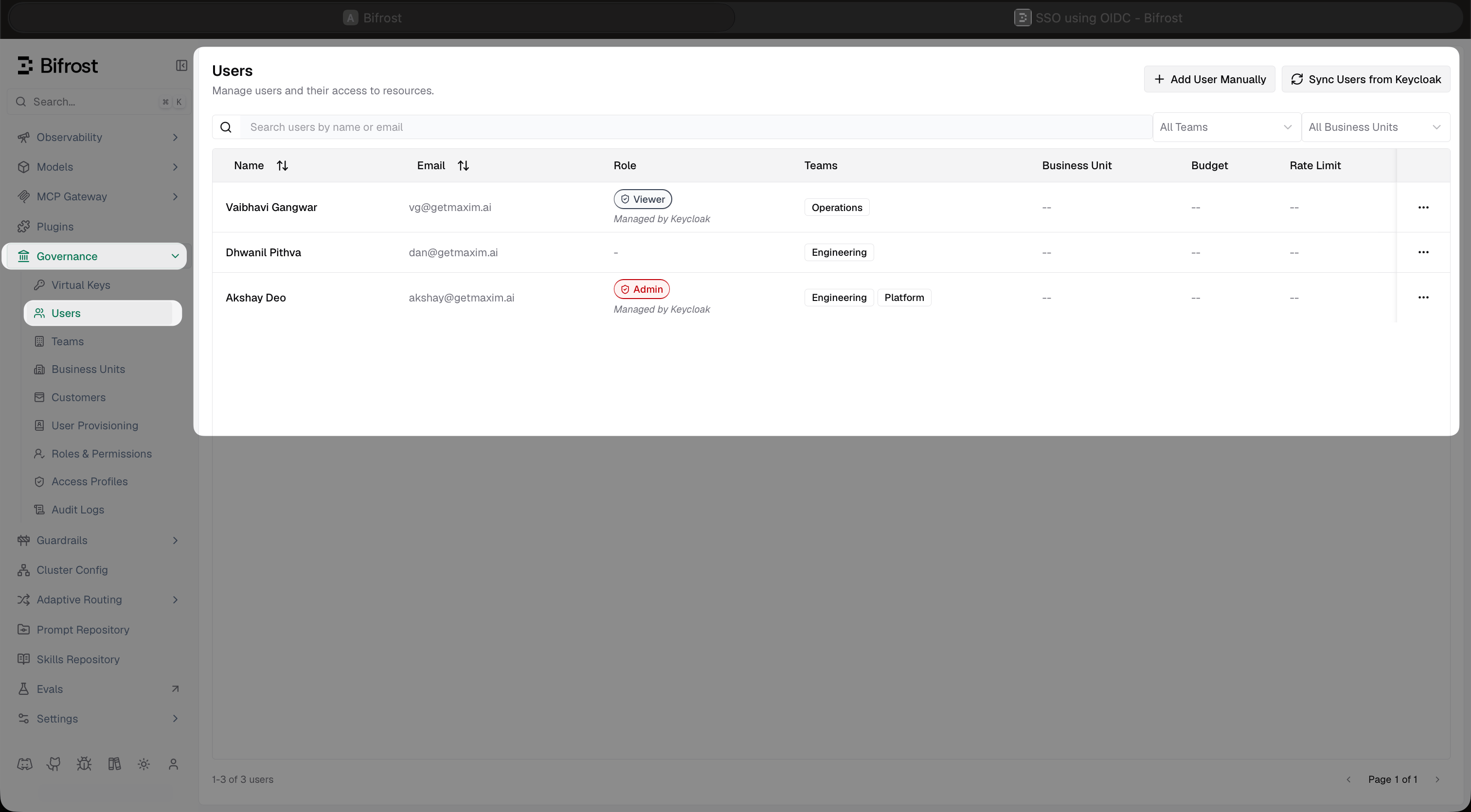 Bifrost Users page showing a user with Admin role and Engineering and Platform teams, marked Managed by Keycloak