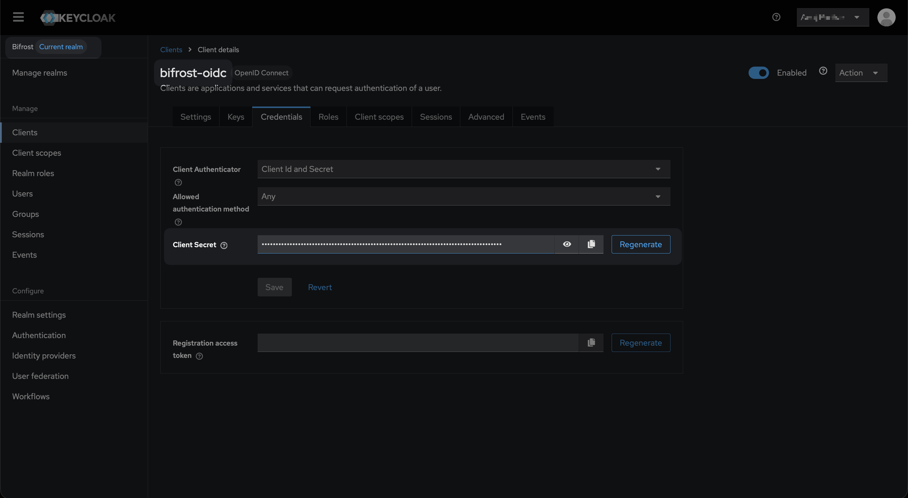 Keycloak Credentials tab showing Client Authenticator set to Client Id and Secret with the Client Secret field