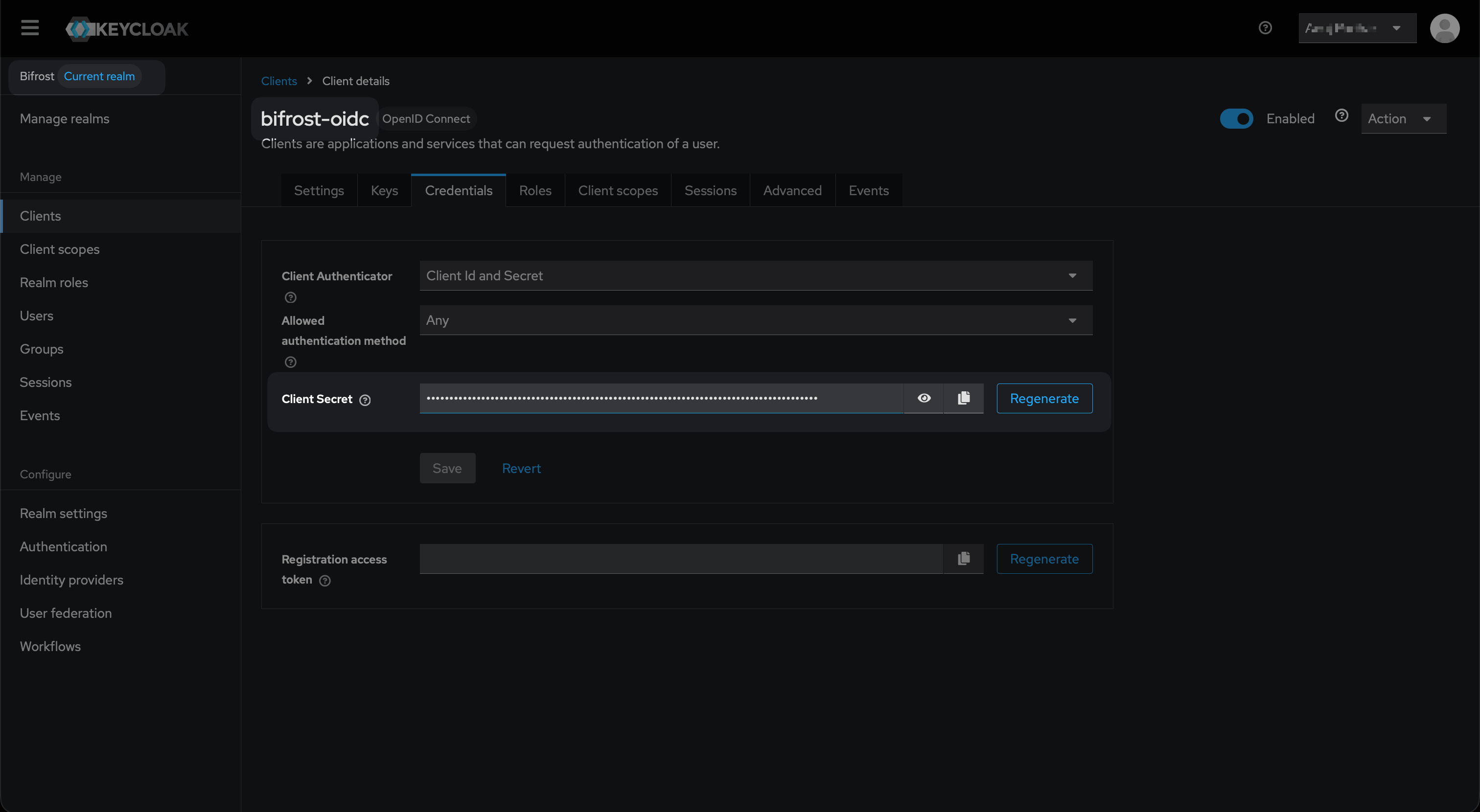 Keycloak Credentials tab showing Client Authenticator set to Client Id and Secret with the Client Secret field