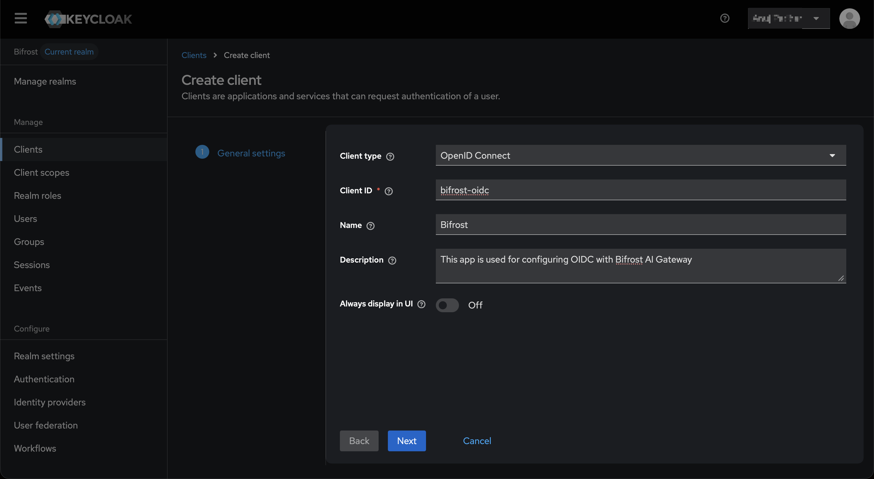 Keycloak Create client General settings form with Client type OpenID Connect, Client ID bifrost-oidc, and Name Bifrost