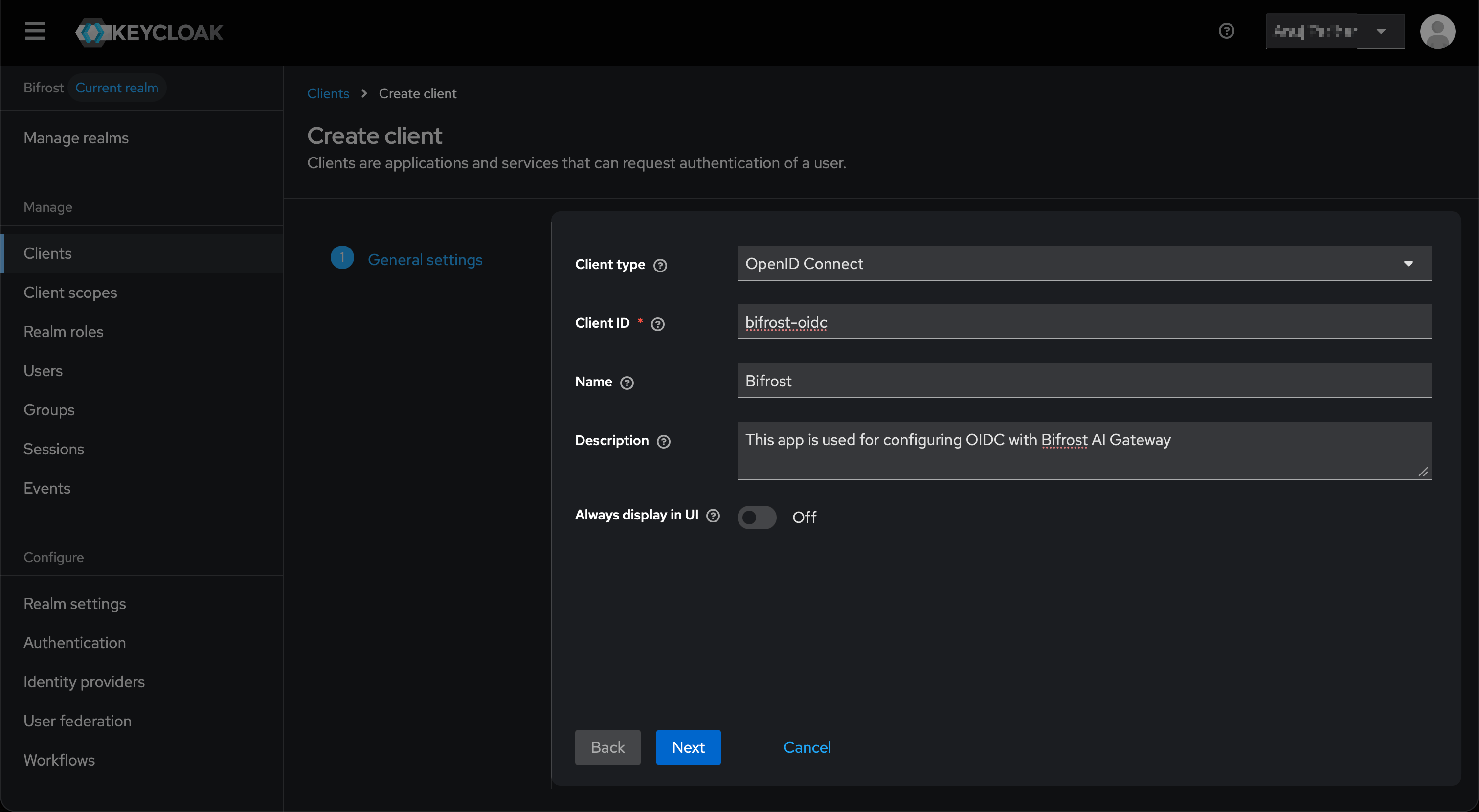 Keycloak Create client General settings form with Client type OpenID Connect, Client ID bifrost-oidc, and Name Bifrost