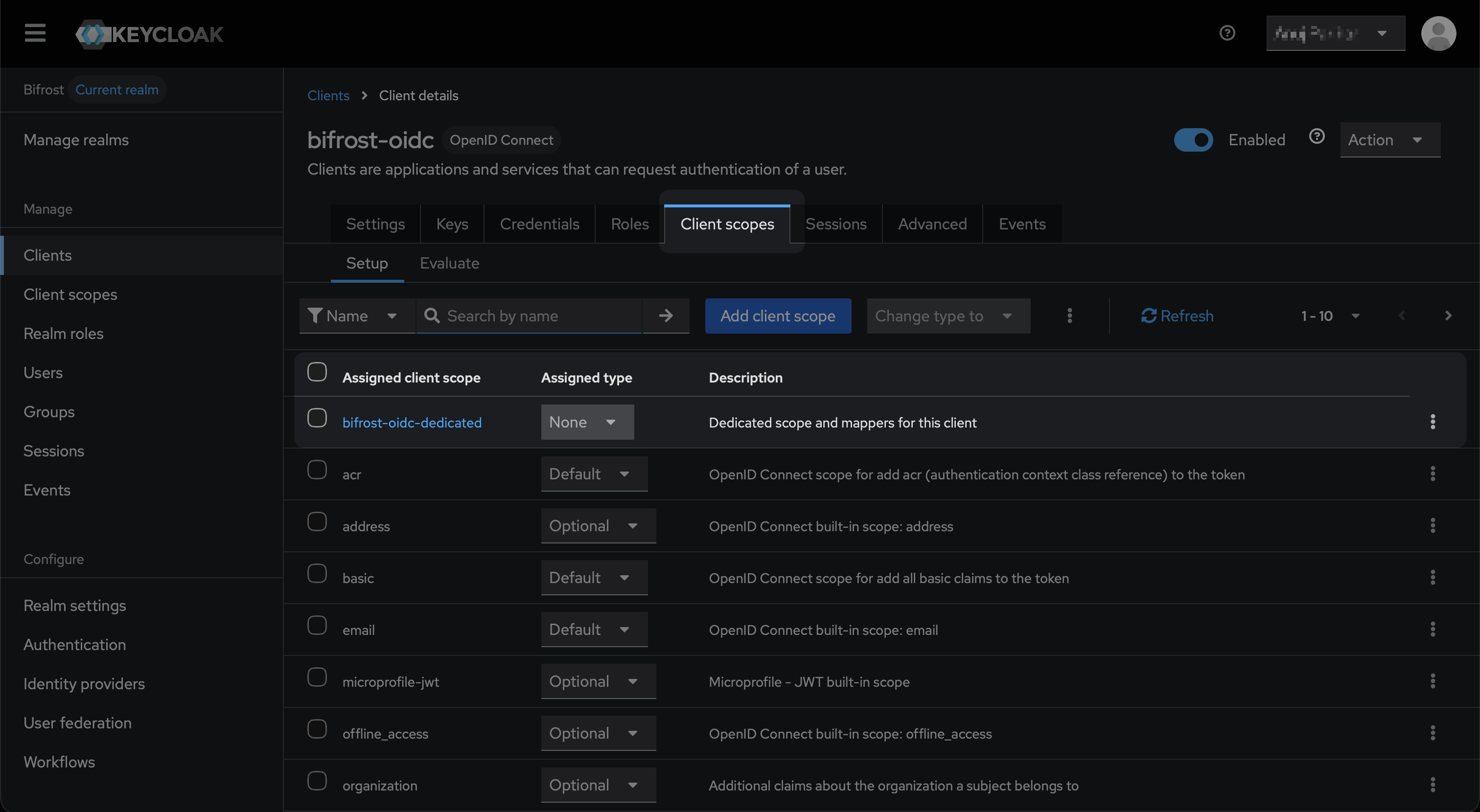 Keycloak Client scopes tab with bifrost-oidc-dedicated scope highlighted