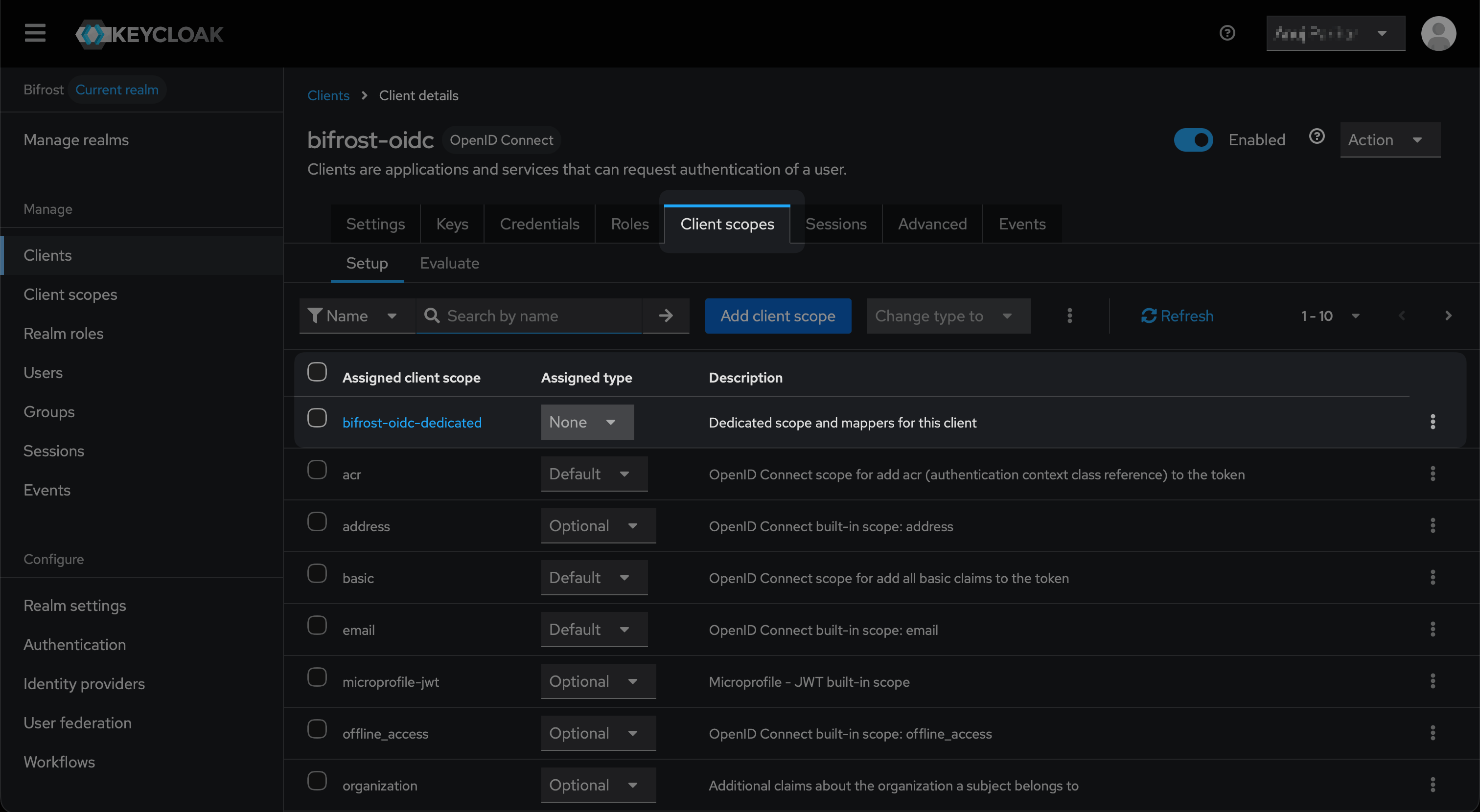 Keycloak Client scopes tab with bifrost-oidc-dedicated scope highlighted