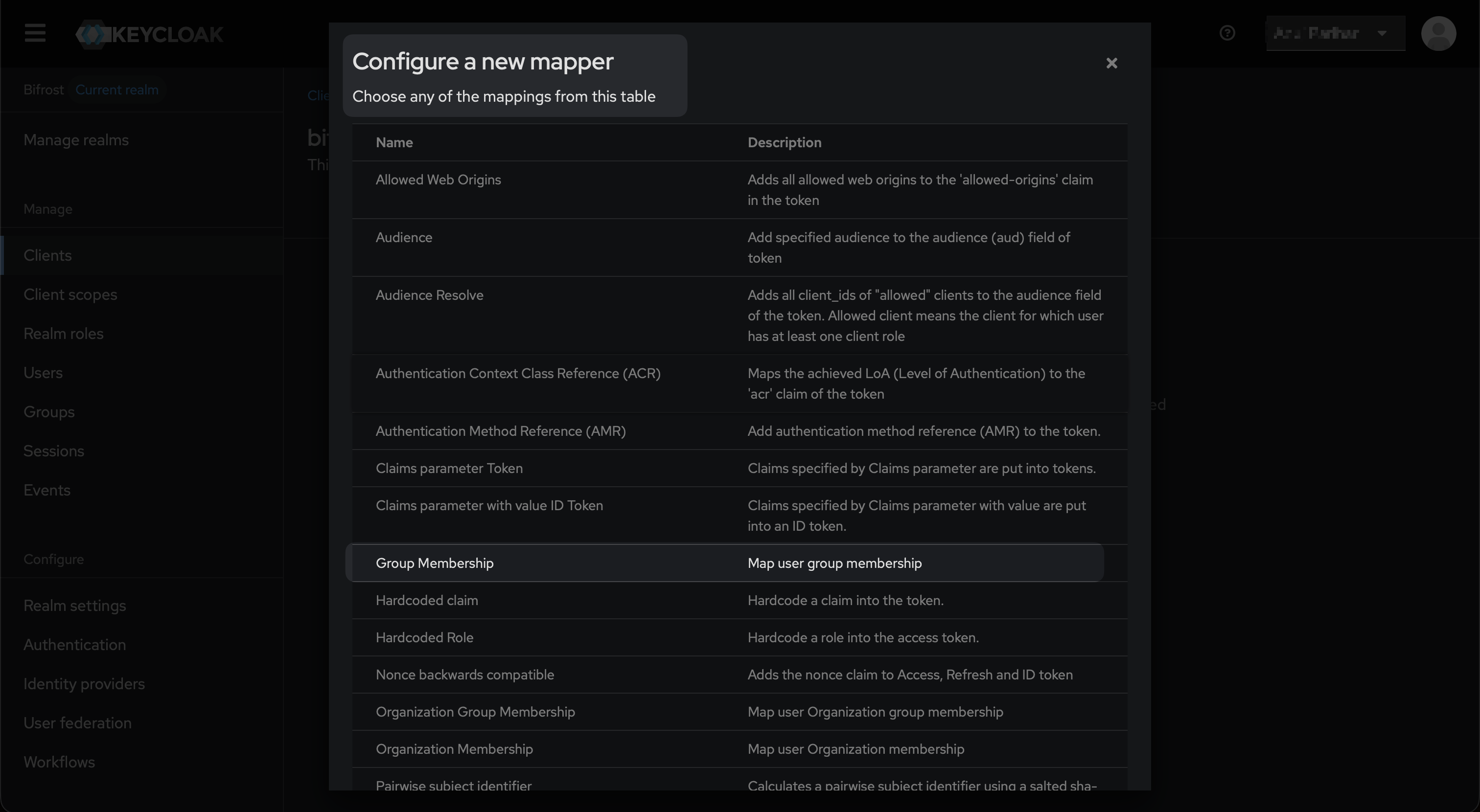 Keycloak Configure a new mapper dialog showing mapper type list with Group Membership visible