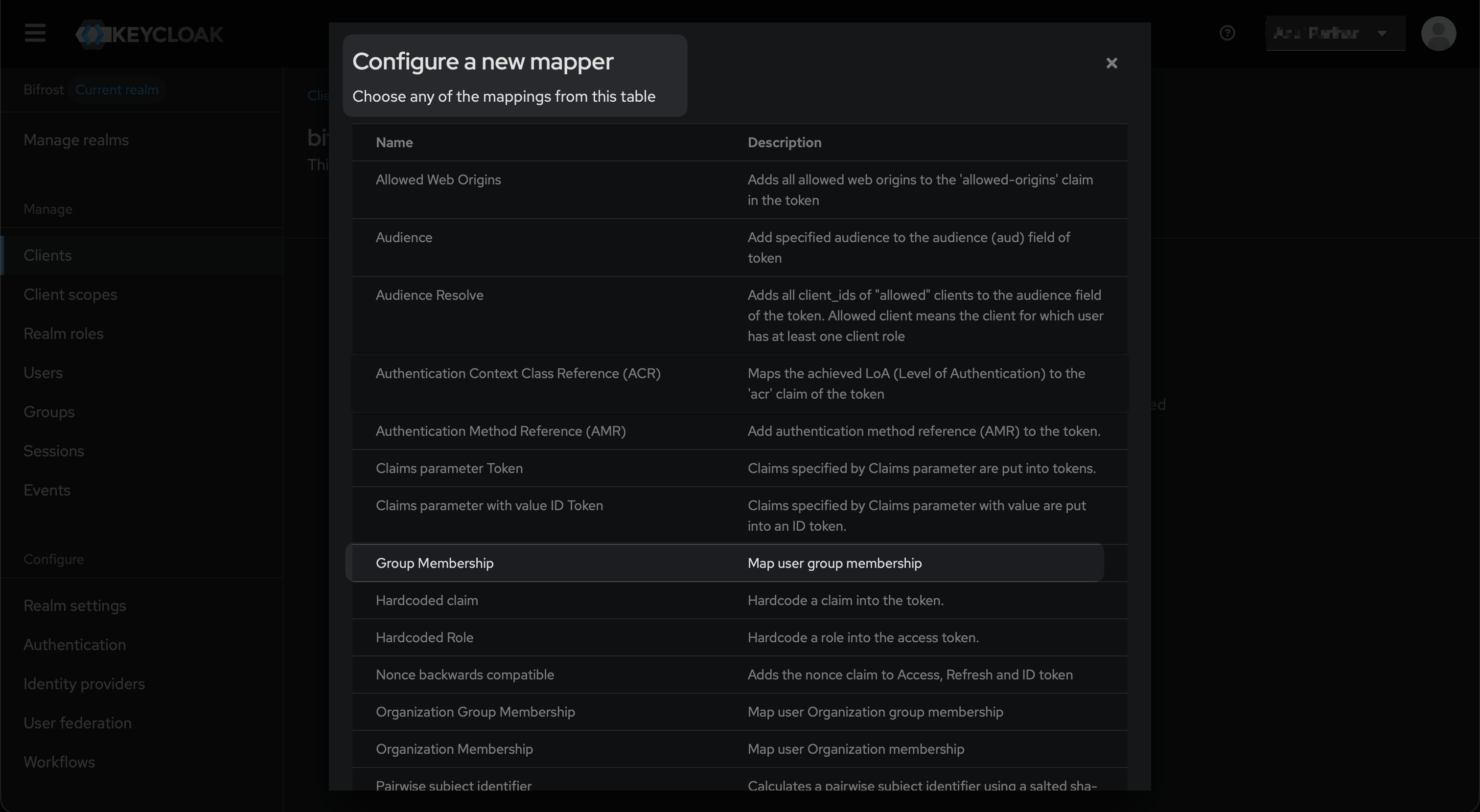 Keycloak Configure a new mapper dialog showing mapper type list with Group Membership visible