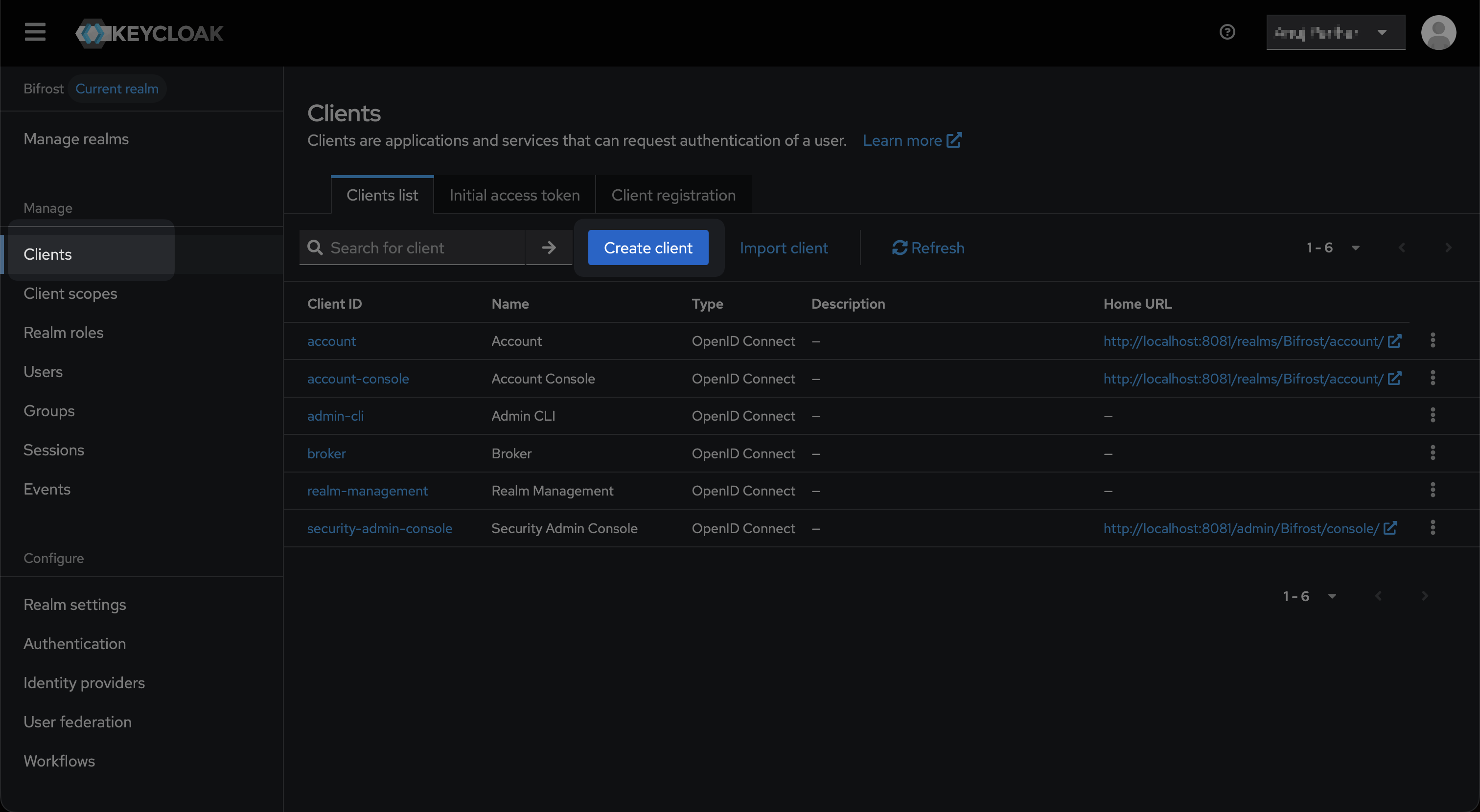 Keycloak Admin Console Clients list with Create client button highlighted