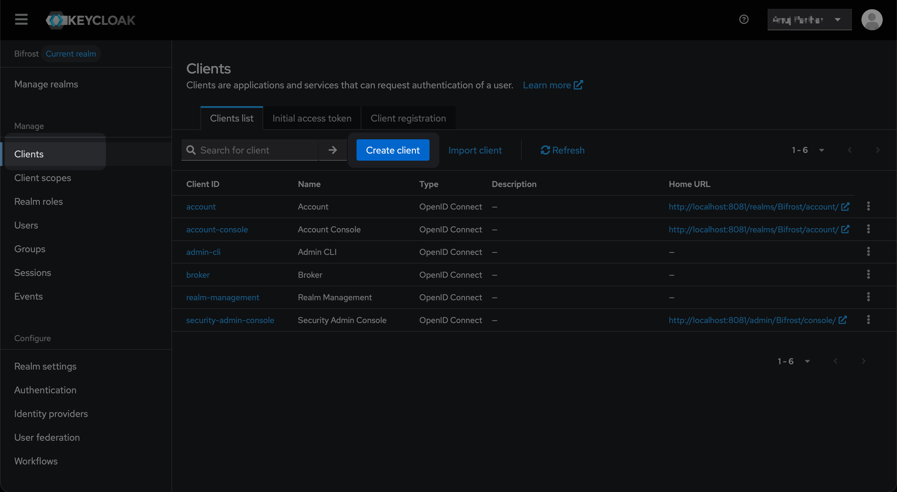 Keycloak Admin Console Clients list with Create client button highlighted