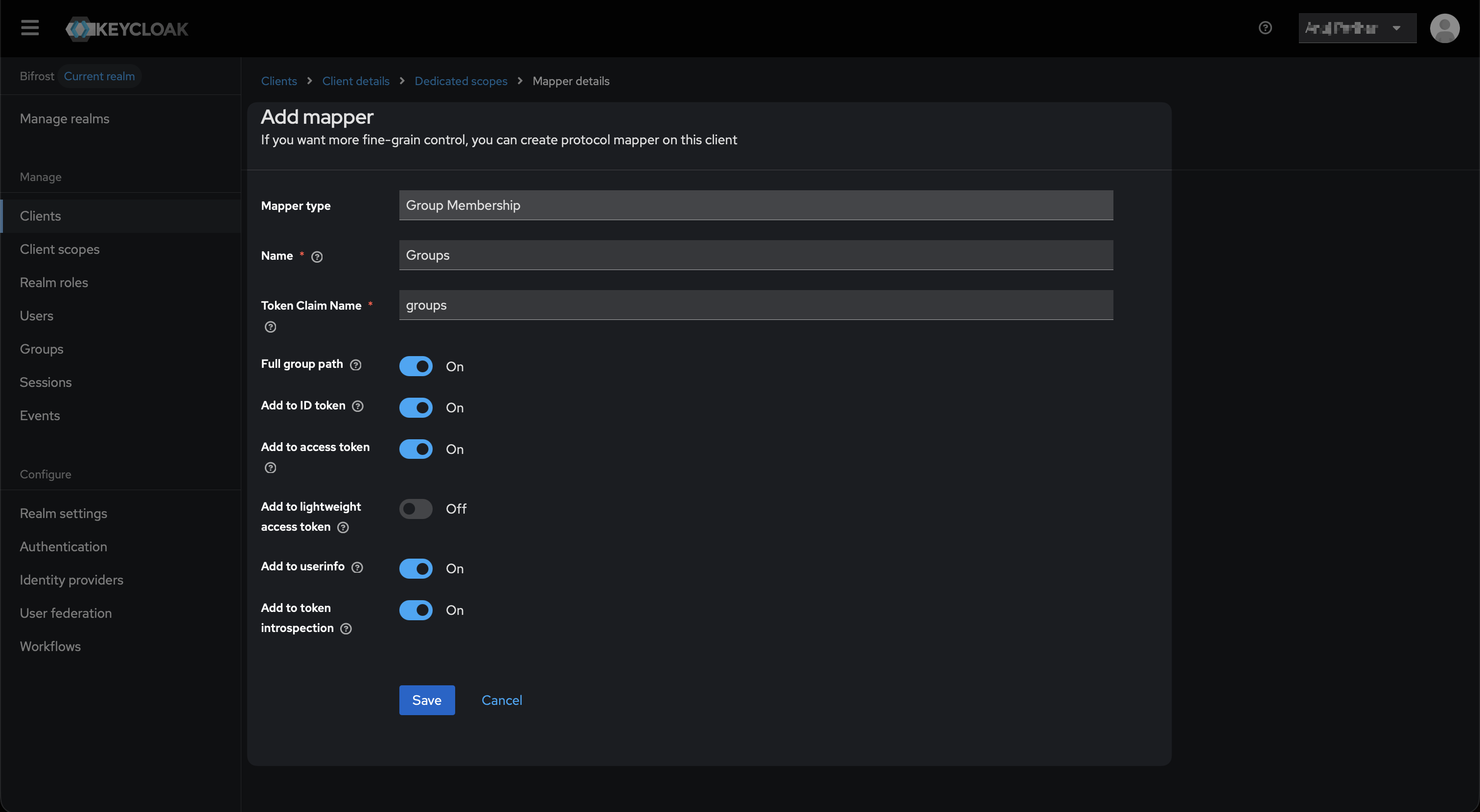 Group Membership mapper form with Name Groups, Token Claim Name groups, Full group path On, and all Add to token toggles On