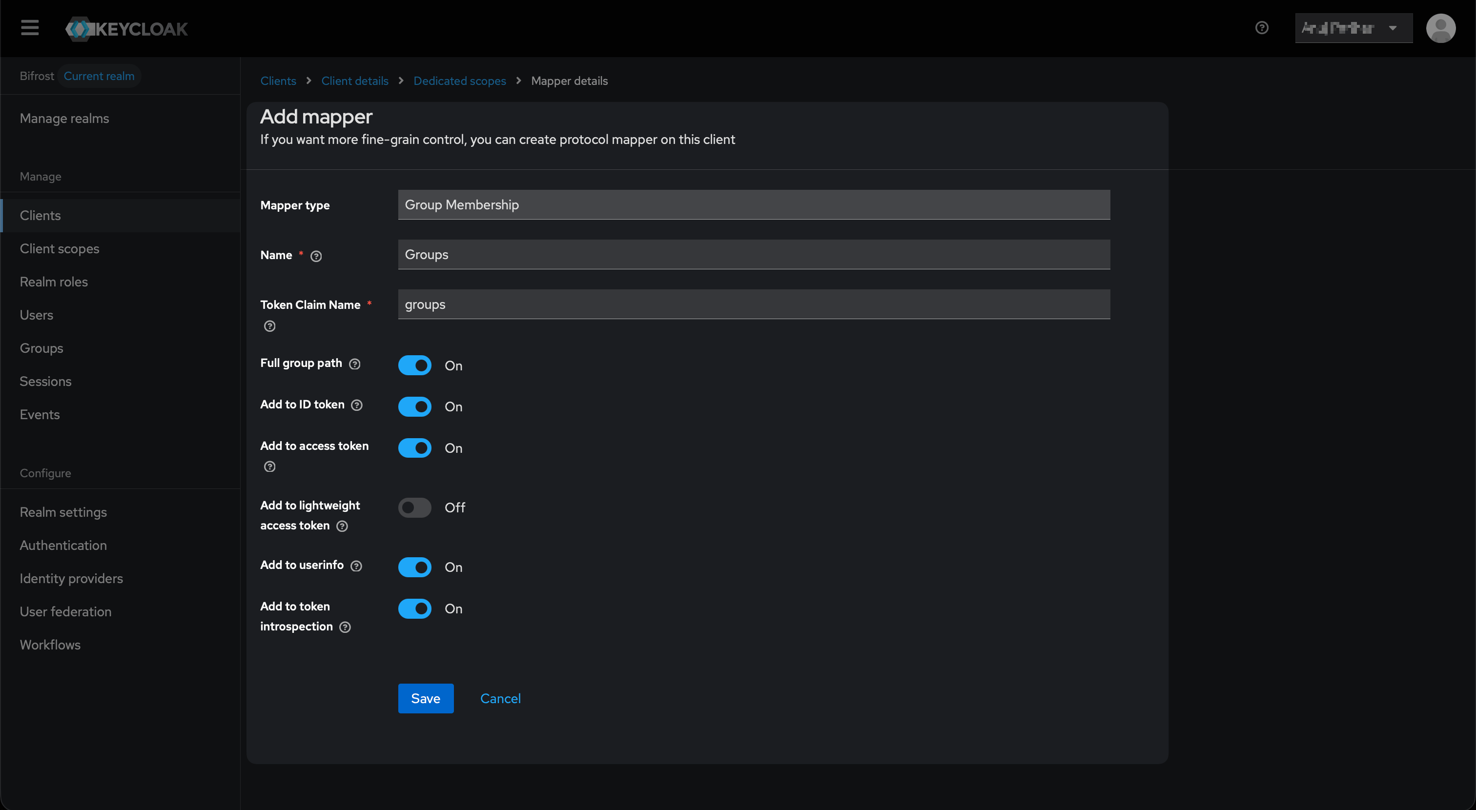 Group Membership mapper form with Name Groups, Token Claim Name groups, Full group path On, and all Add to token toggles On