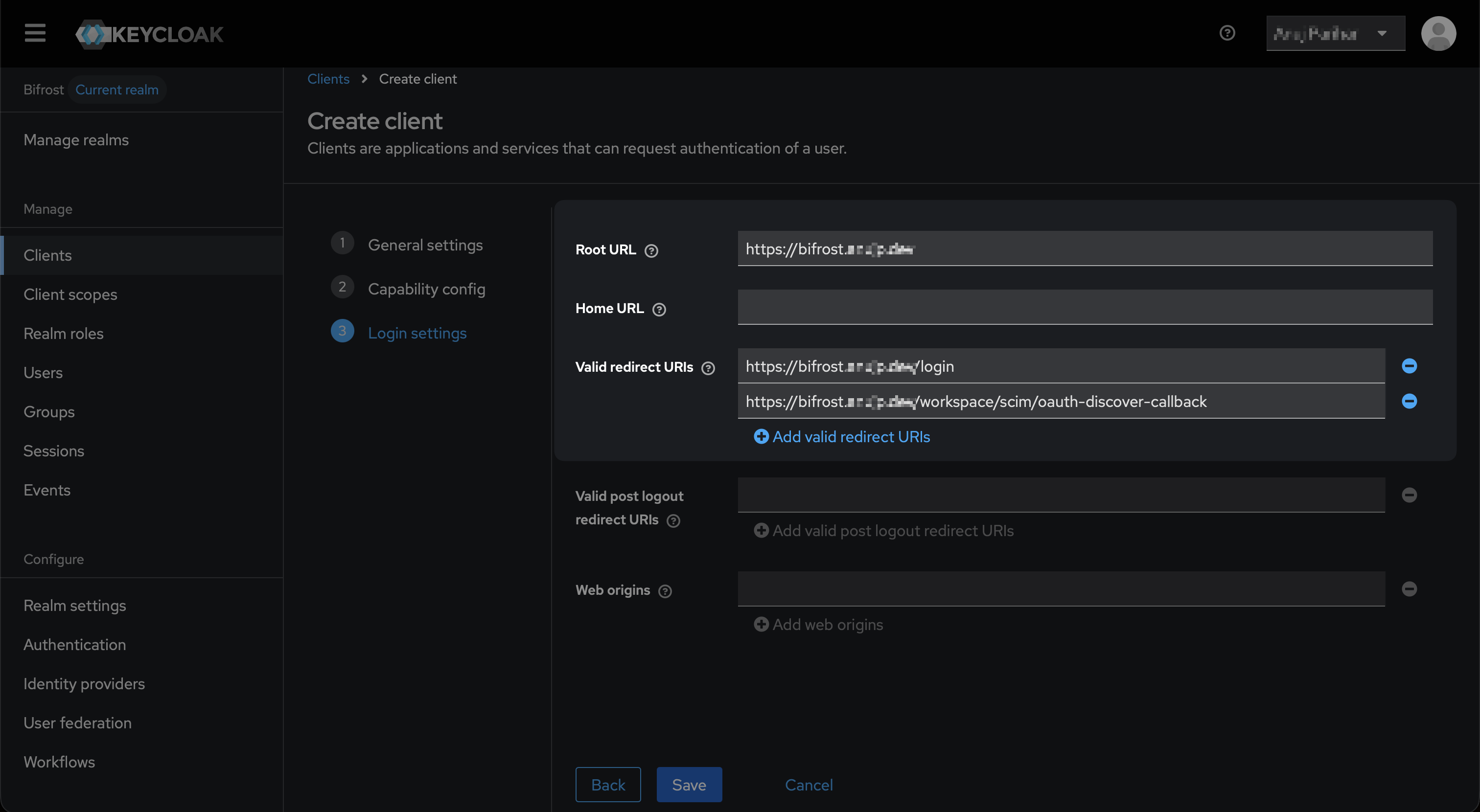 Keycloak Login settings form with Root URL, Valid redirect URIs showing the Bifrost login and oauth-discover-callback URLs