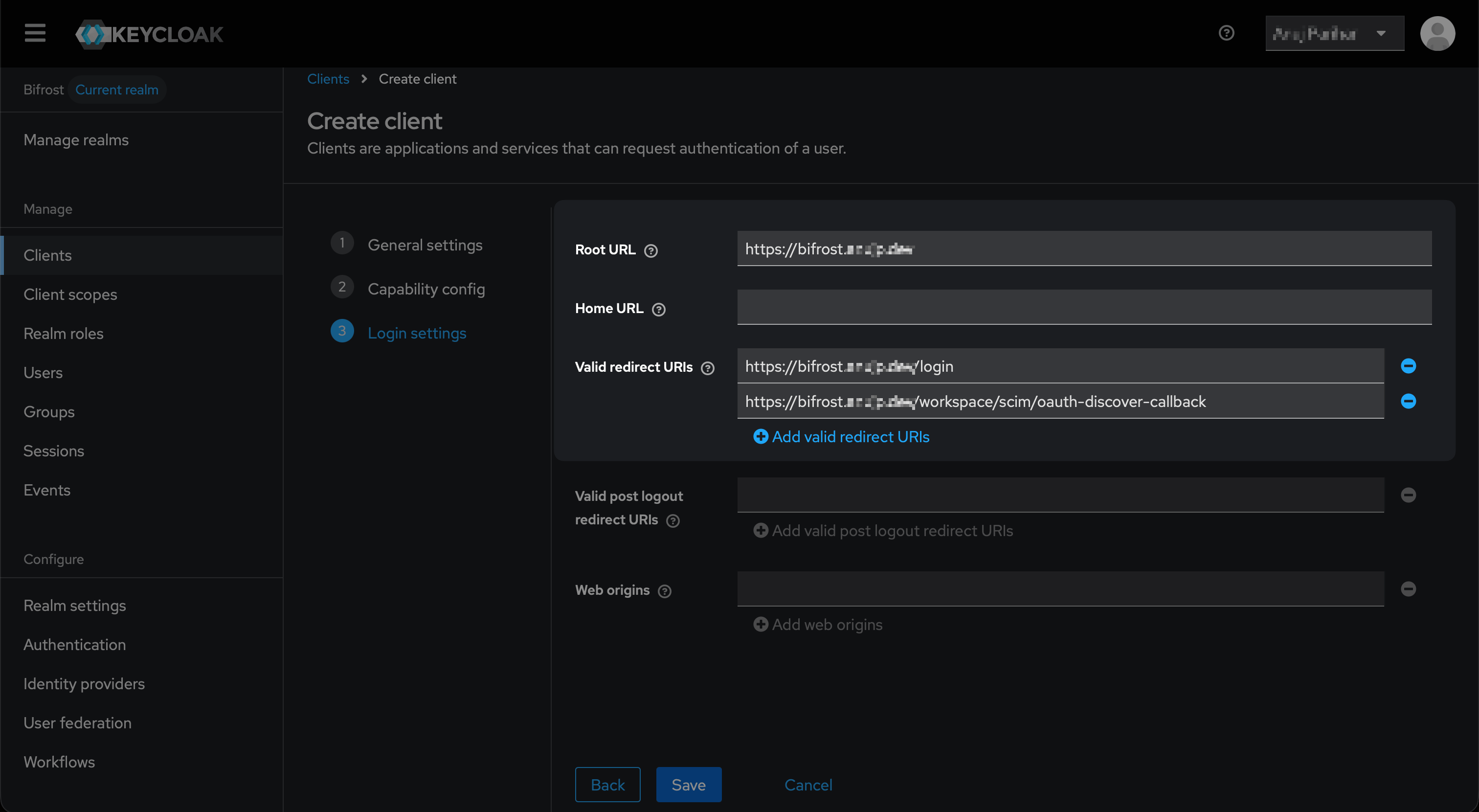 Keycloak Login settings form with Root URL, Valid redirect URIs showing the Bifrost login and oauth-discover-callback URLs