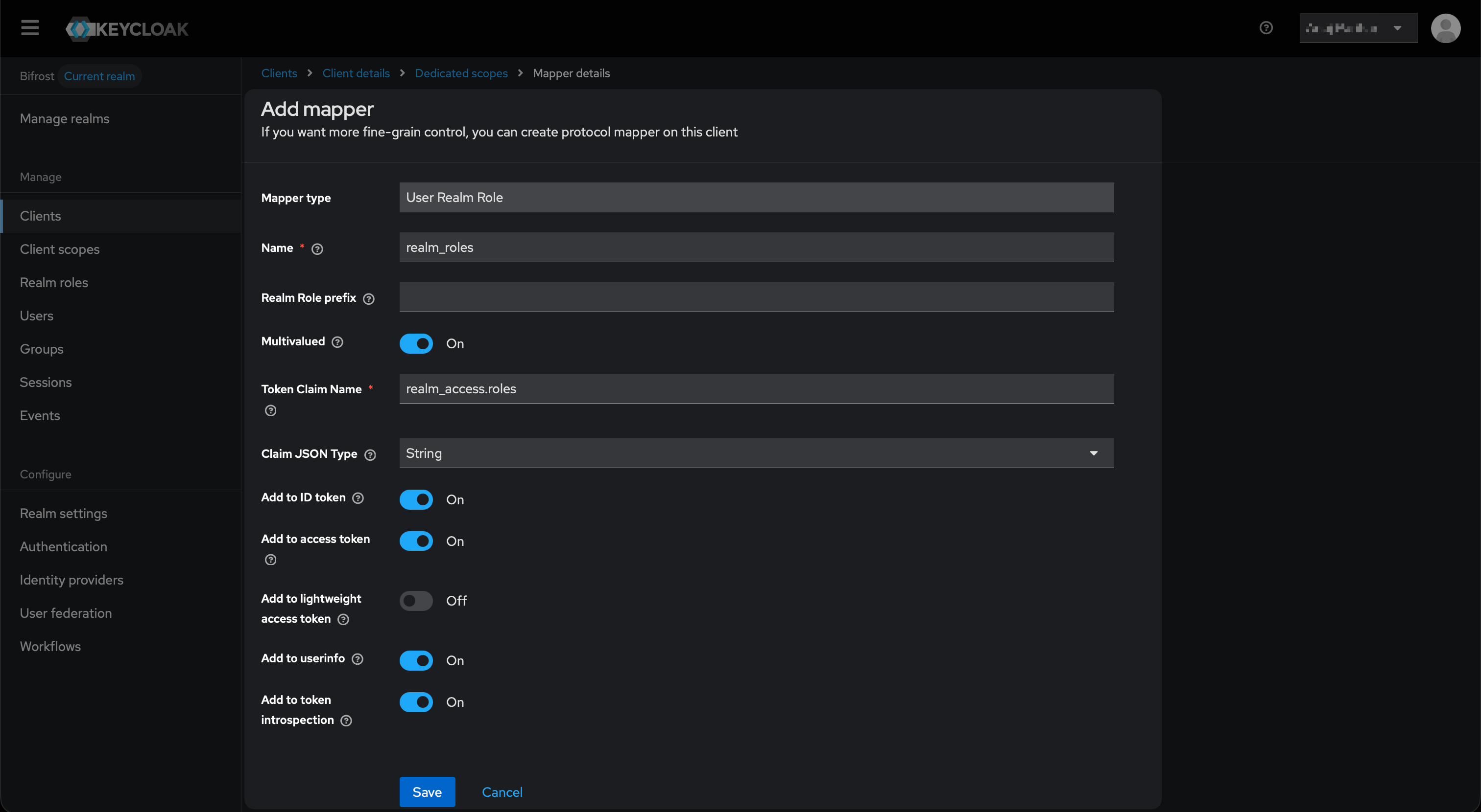 User Realm Role mapper form with Name realm_roles, Token Claim Name realm_access.roles, Multivalued On, and Add to ID and access token enabled
