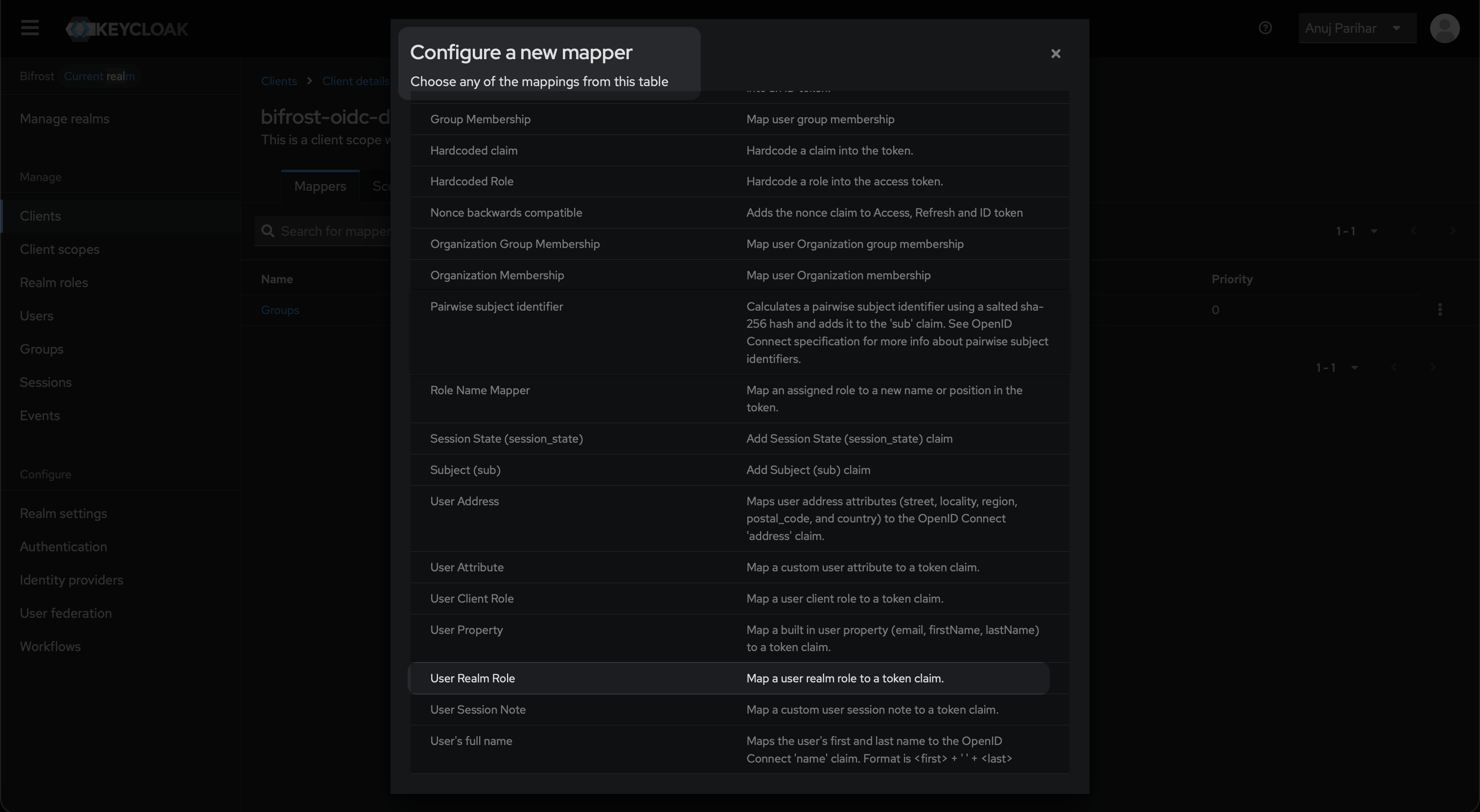 Keycloak Configure a new mapper dialog with User Realm Role option highlighted