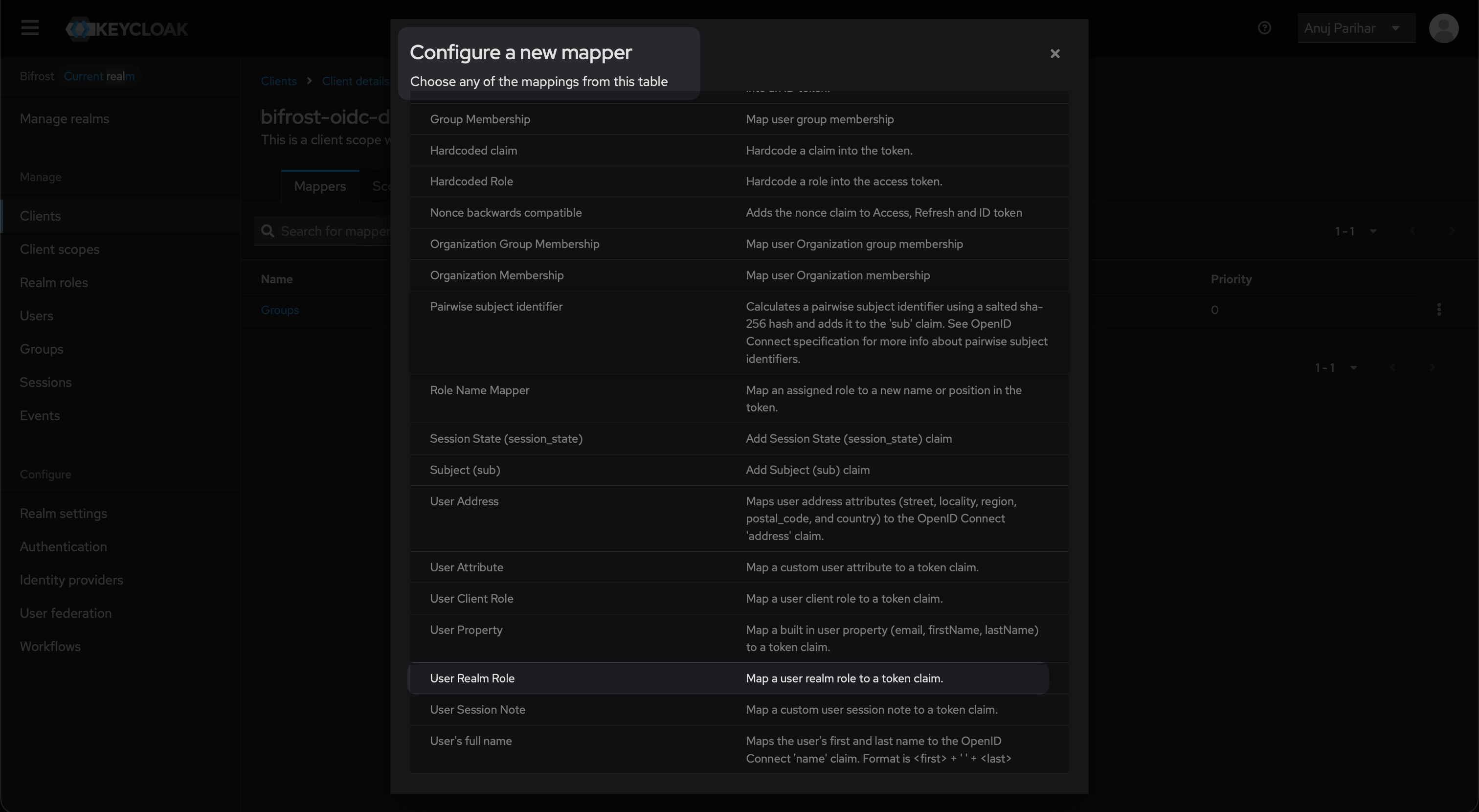 Keycloak Configure a new mapper dialog with User Realm Role option highlighted