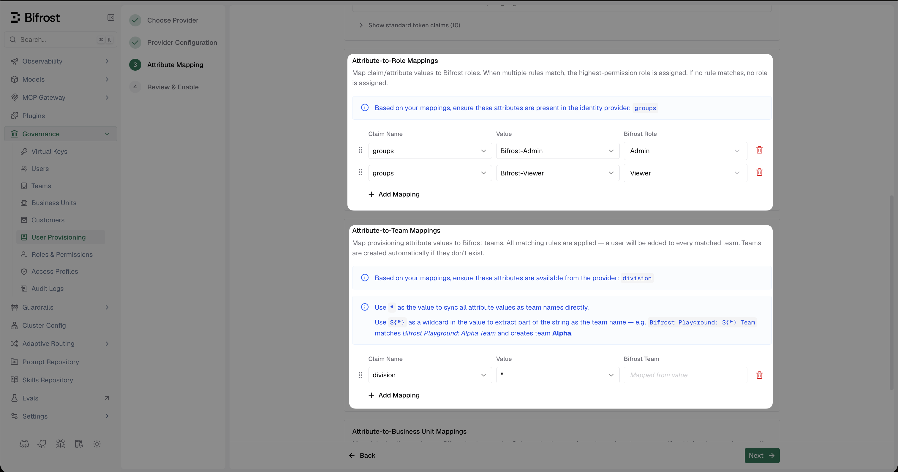 Bifrost Attribute Mapping screen showing role, team, and business unit mapping rules