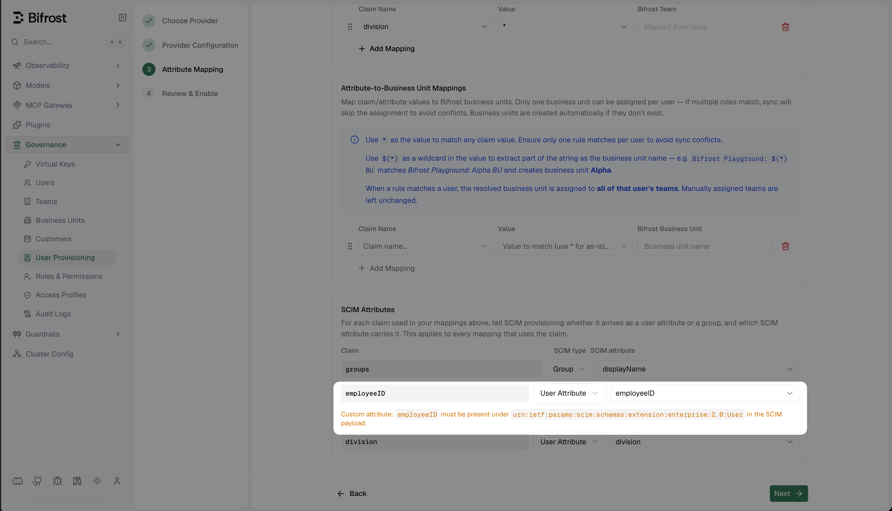 Bifrost Attribute Mapping step showing SCIM Attributes section with employeeID custom attribute entry