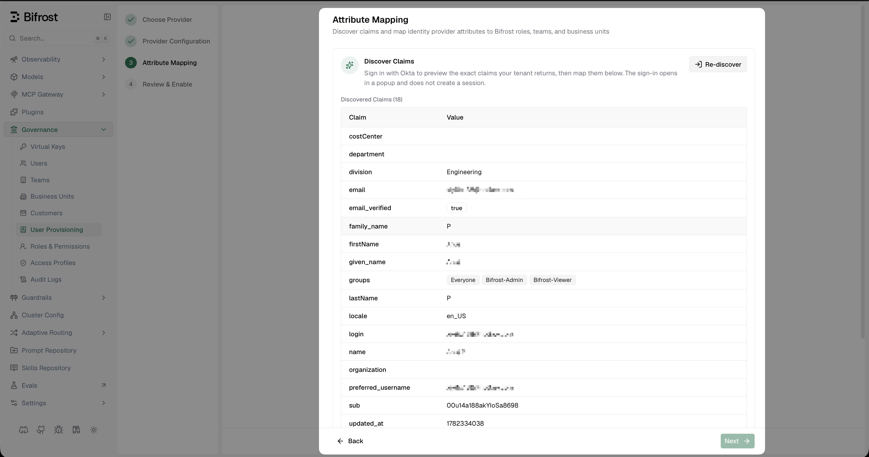 Bifrost Discover Claims screen listing all claims returned by Okta including groups, email, and custom attributes