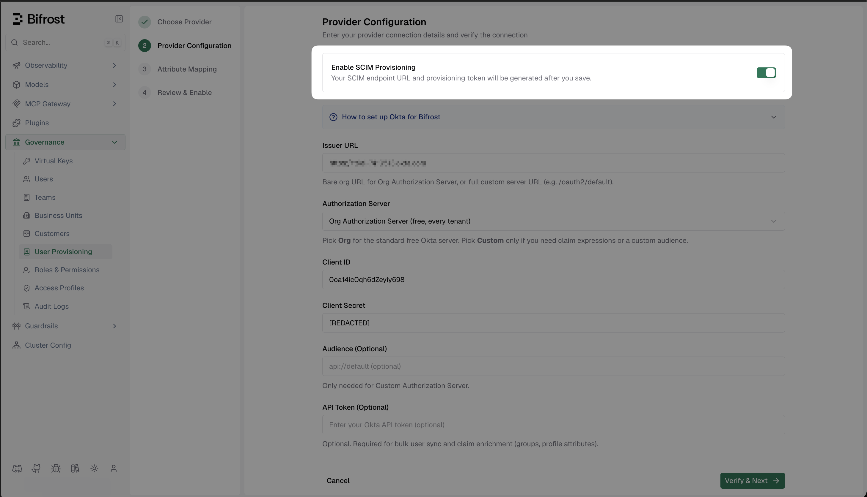 Bifrost Provider Configuration with Enable SCIM Provisioning toggle turned on