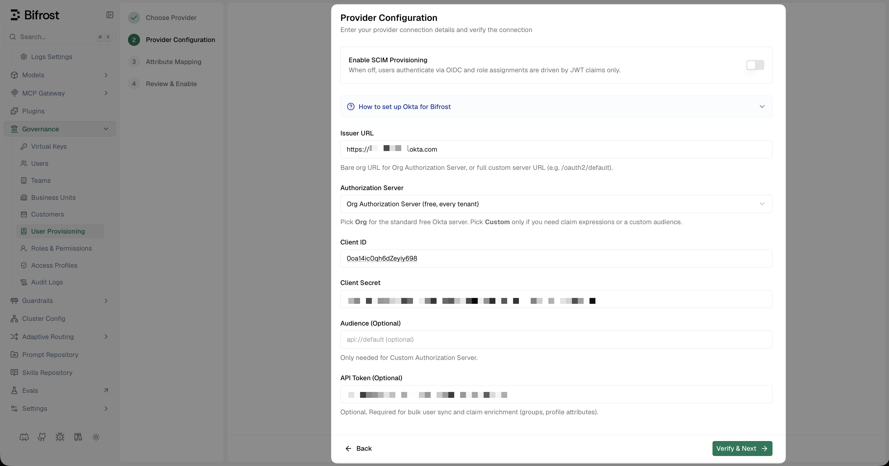 Bifrost Provider Configuration form with Issuer URL, Authorization Server, Client ID, Client Secret, and API Token fields