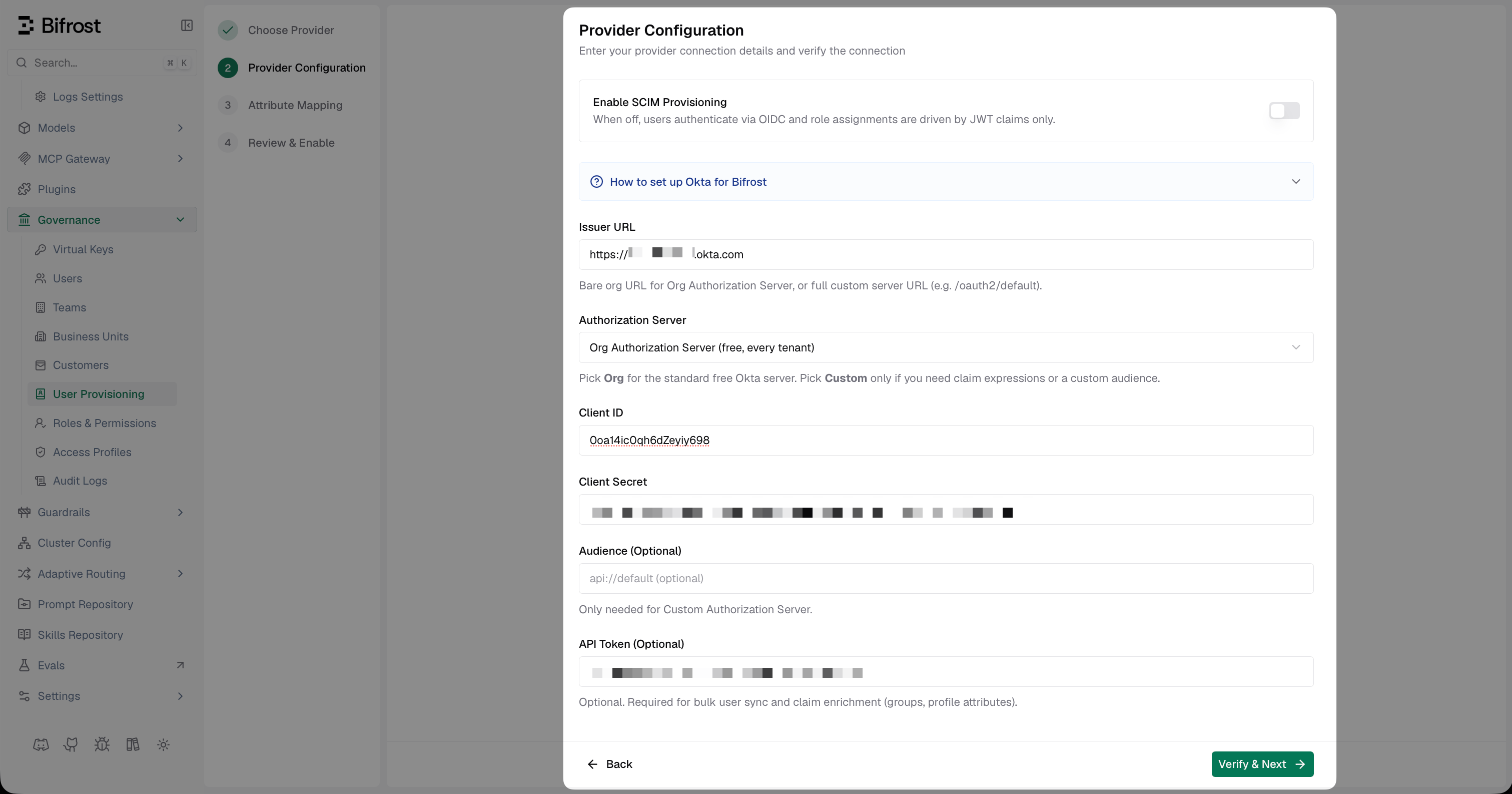 Bifrost Provider Configuration form with Issuer URL, Authorization Server, Client ID, Client Secret, and API Token fields