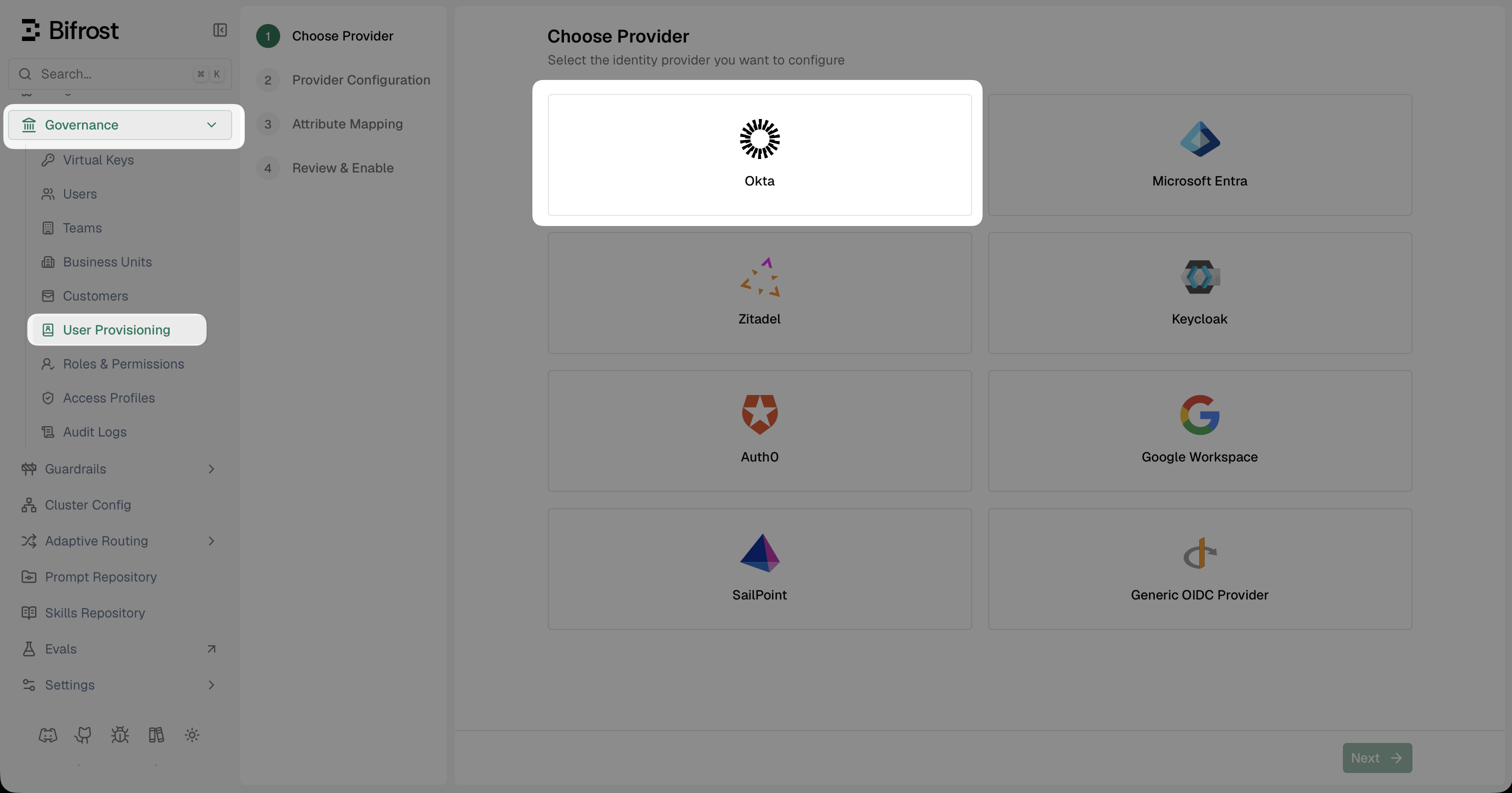 Bifrost Choose Provider screen with Okta selected