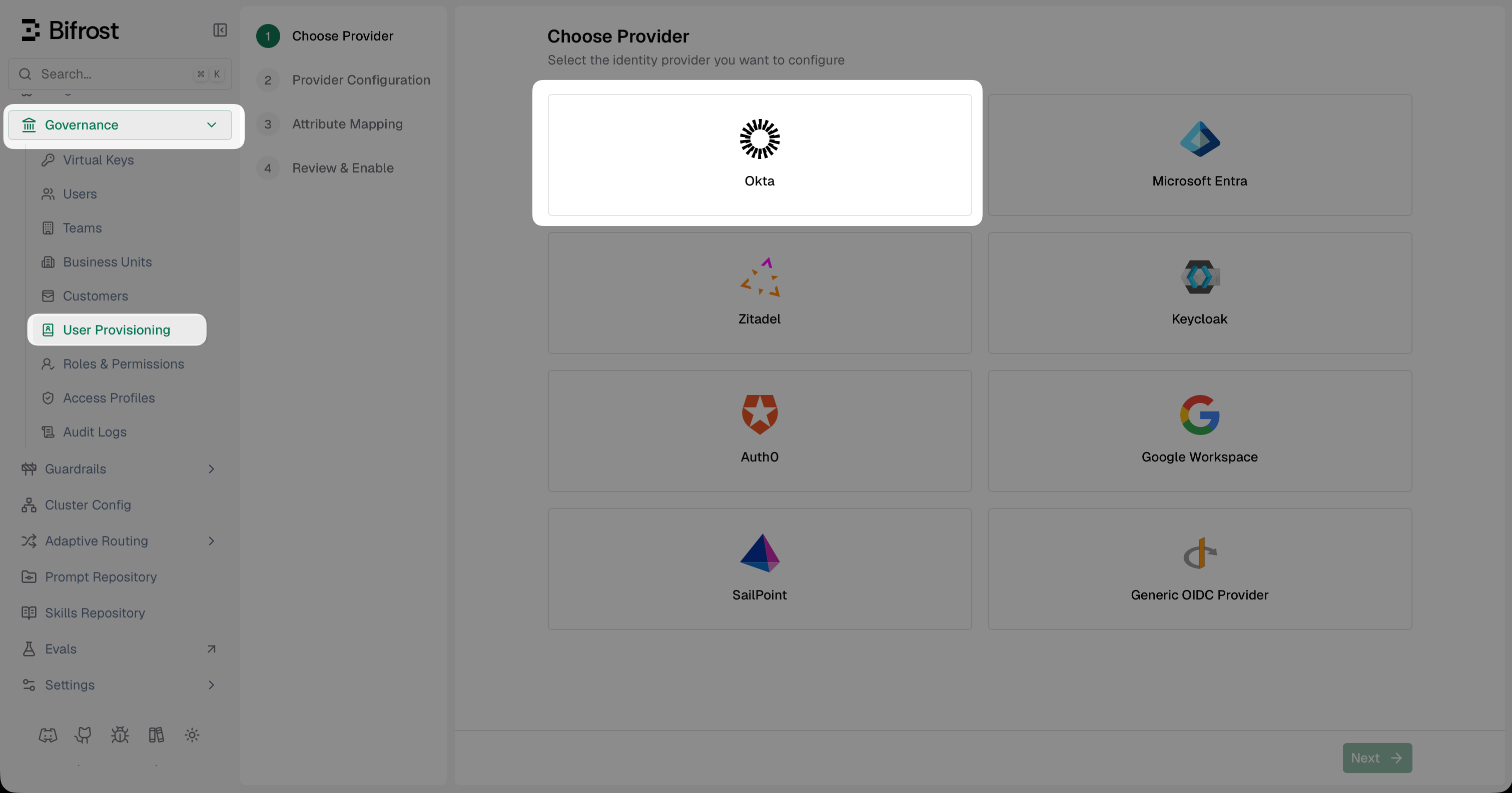 Bifrost Choose Provider screen with Okta selected
