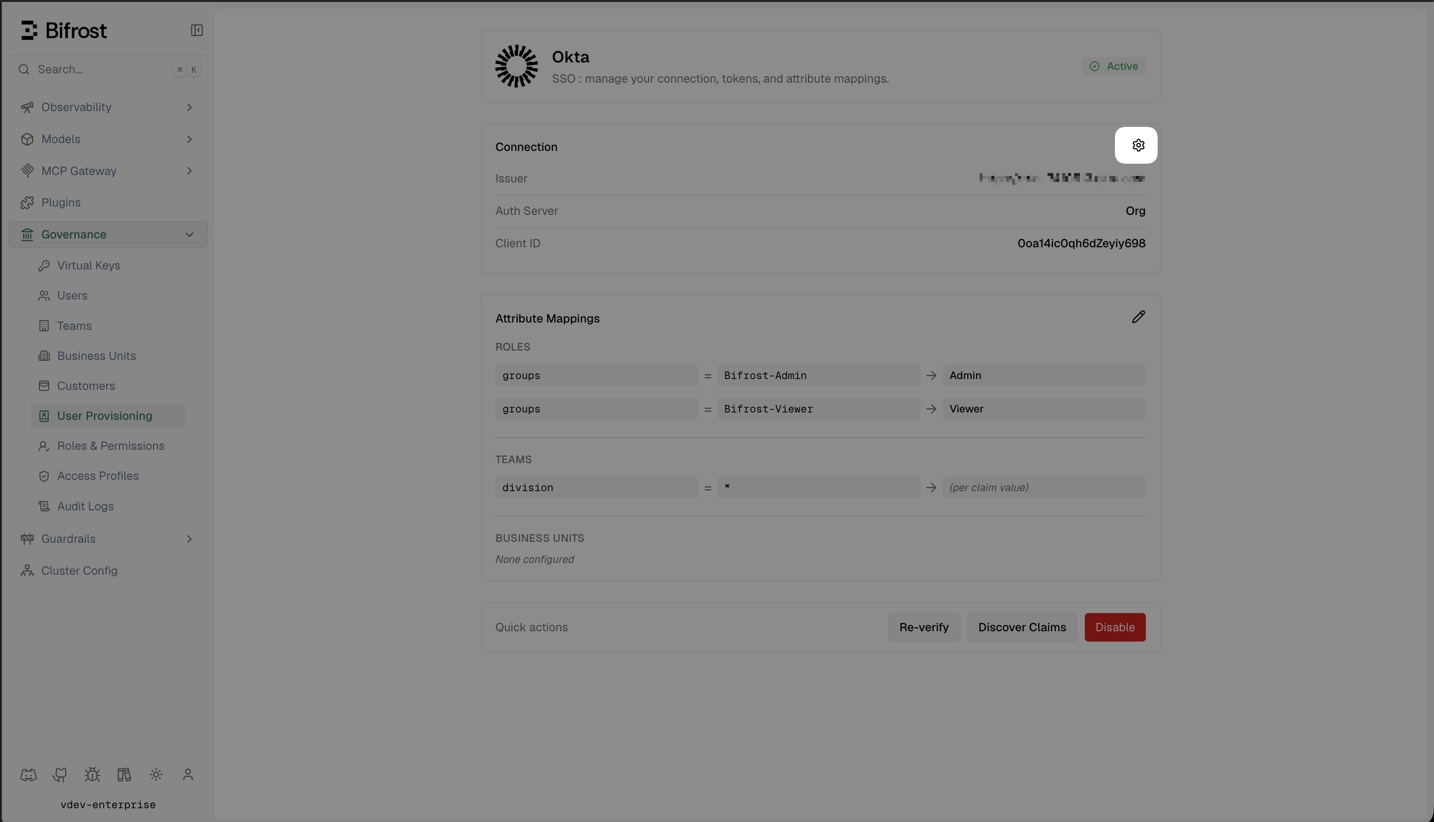 Bifrost Okta provider dashboard showing connection details and attribute mappings