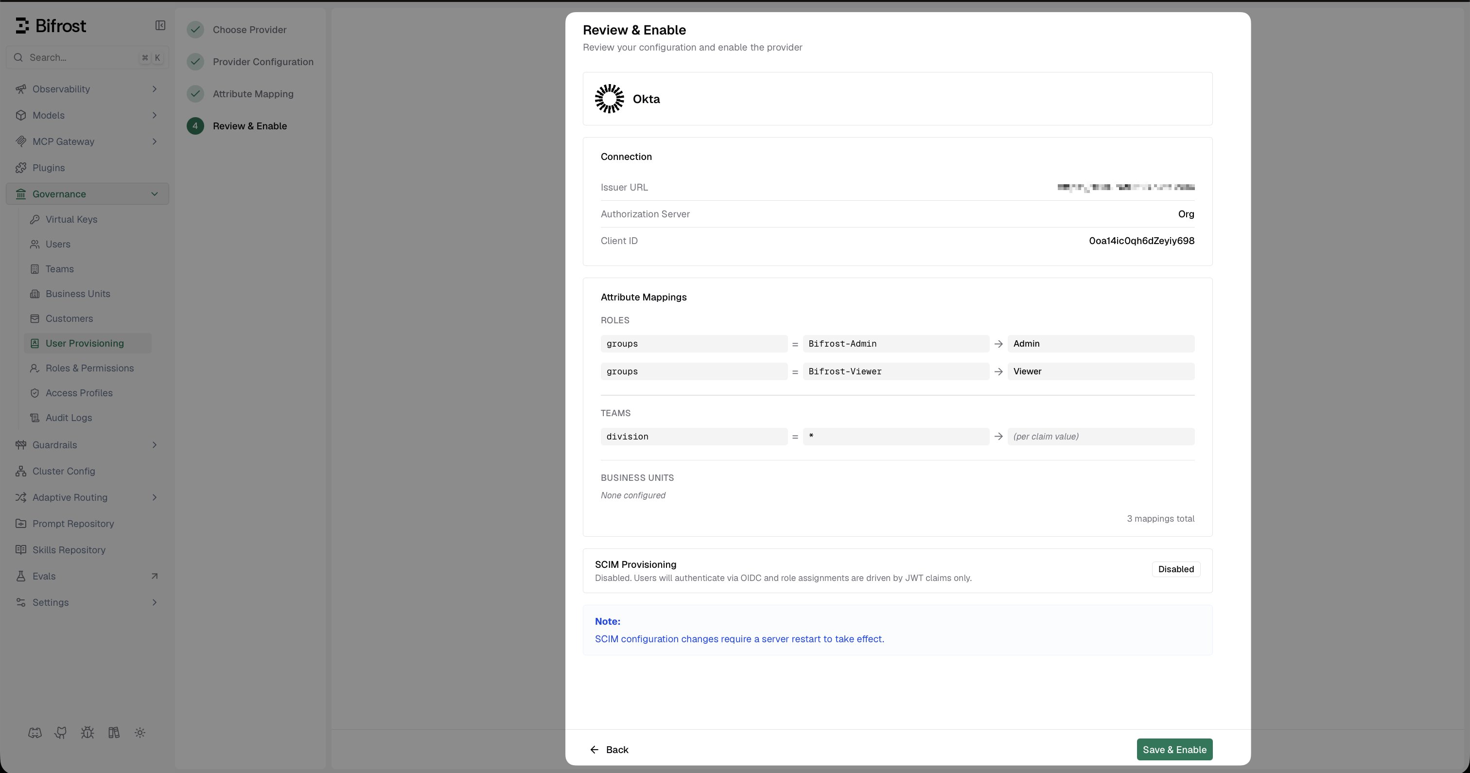 Bifrost Review and Enable screen summarising the Okta OIDC configuration before activation