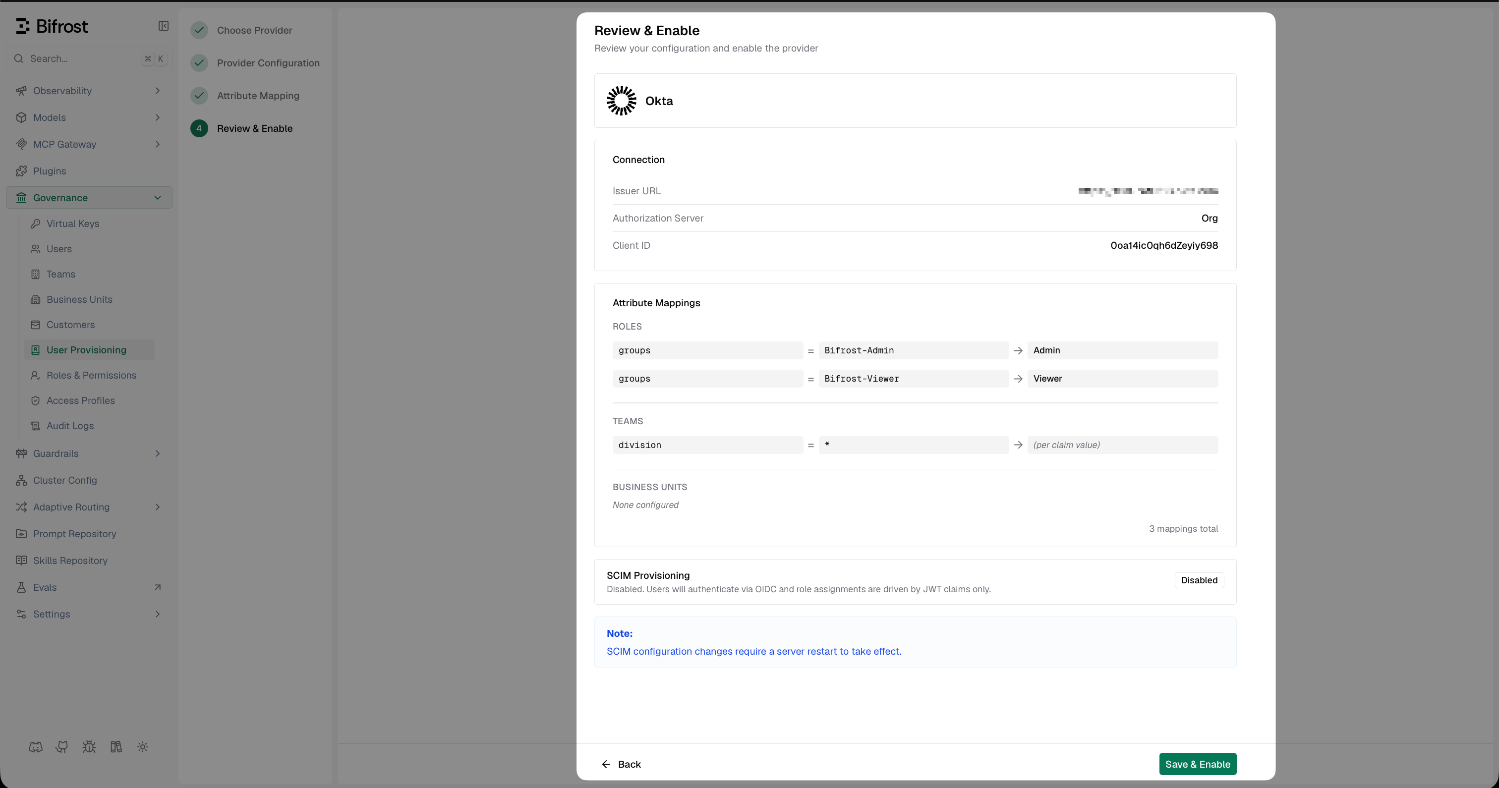 Bifrost Review and Enable screen summarising the Okta OIDC configuration before activation