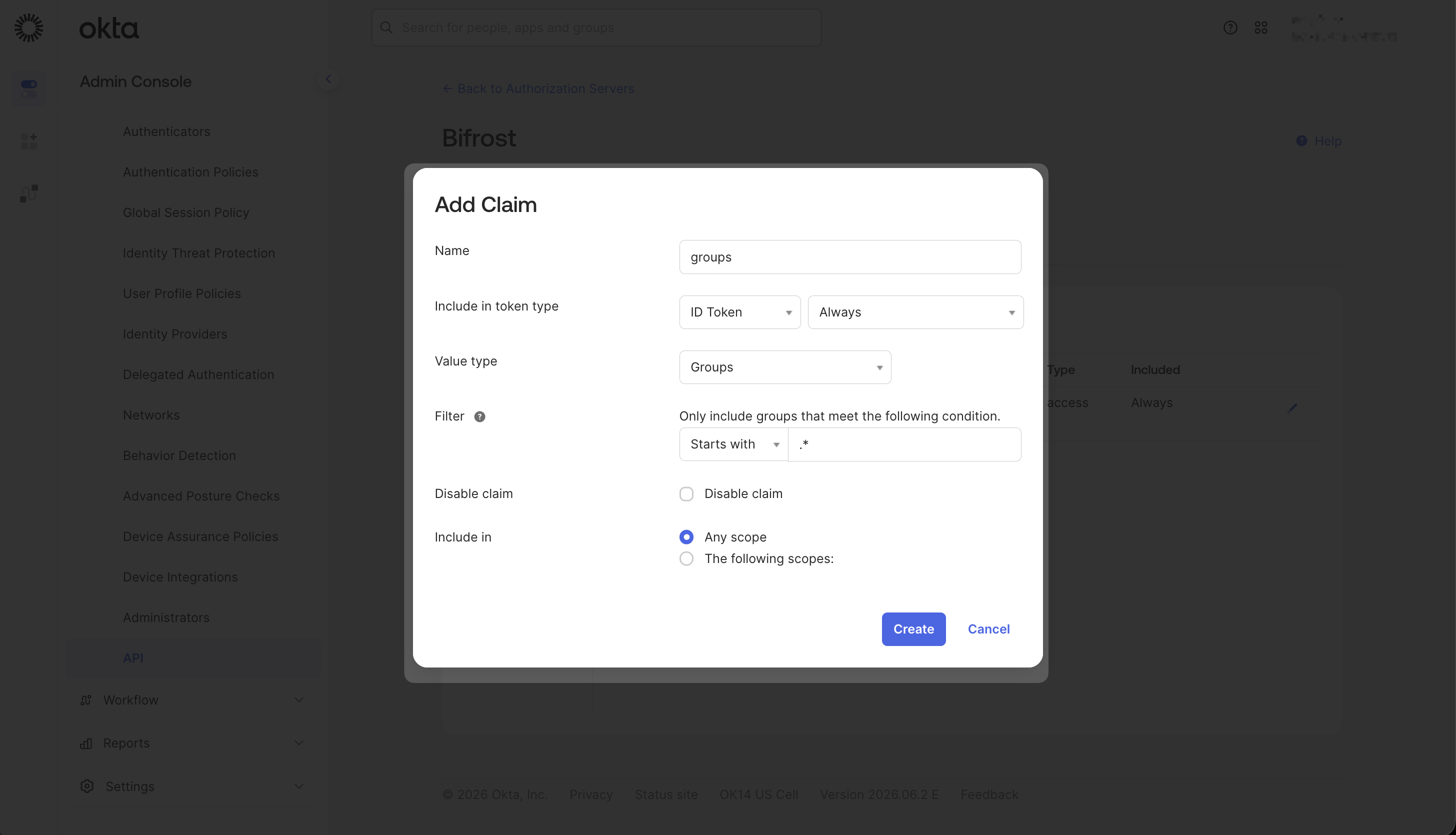 Add Claim dialog configured for the groups claim on a Custom Authorization Server