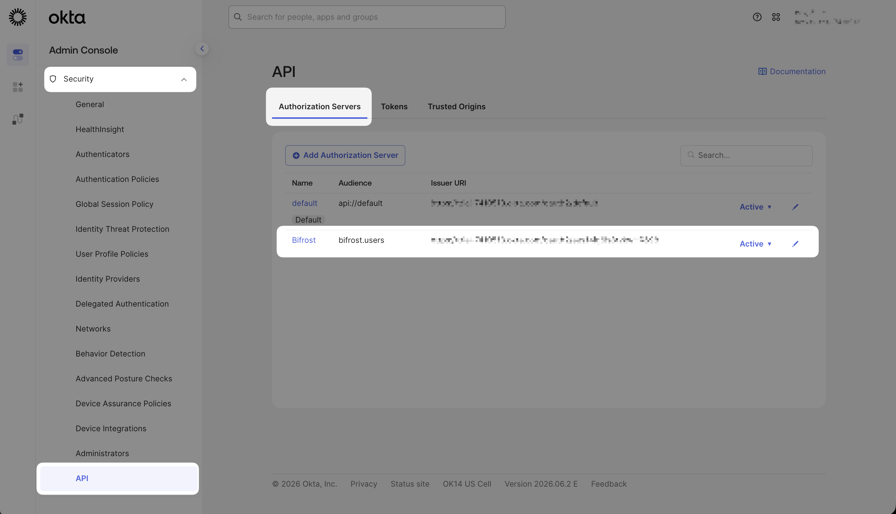 Authorization Servers list under Security → API in the Okta admin console