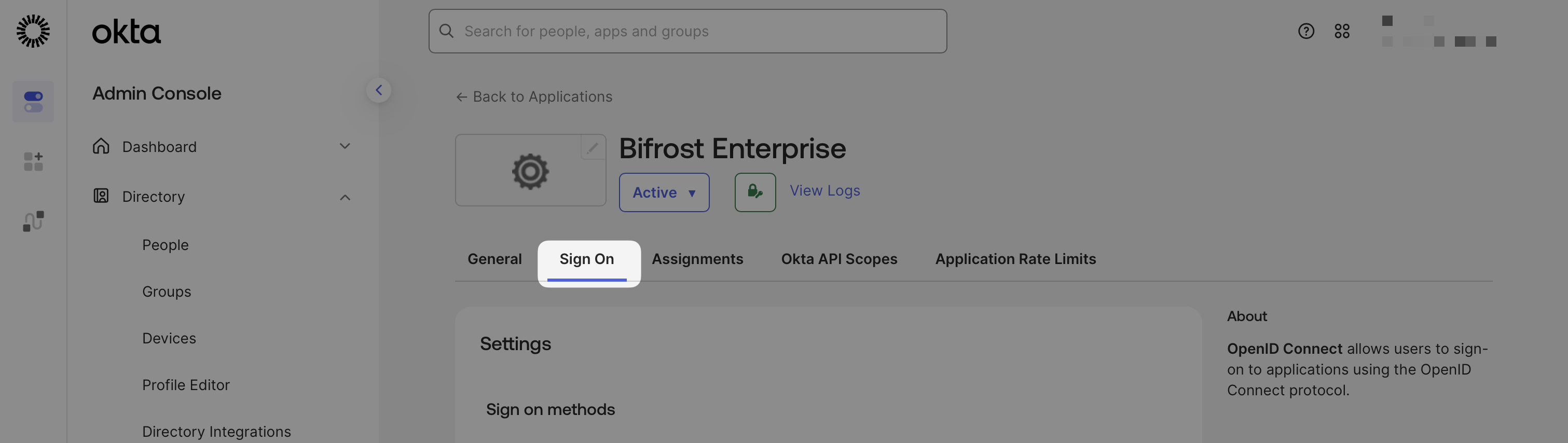 Sign On tab in the Okta app settings