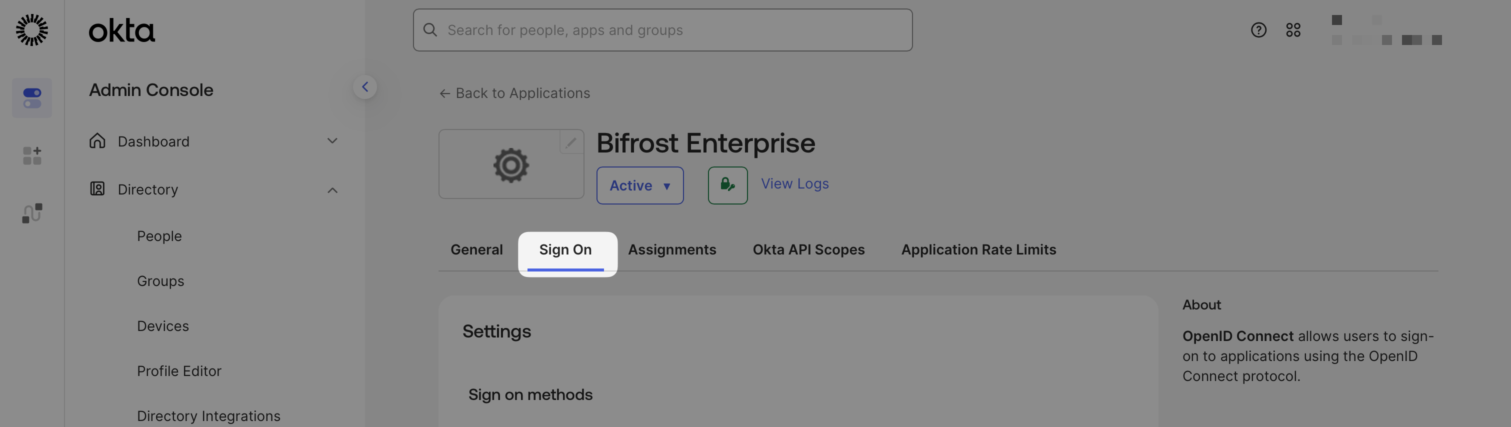 Sign On tab in the Okta app settings