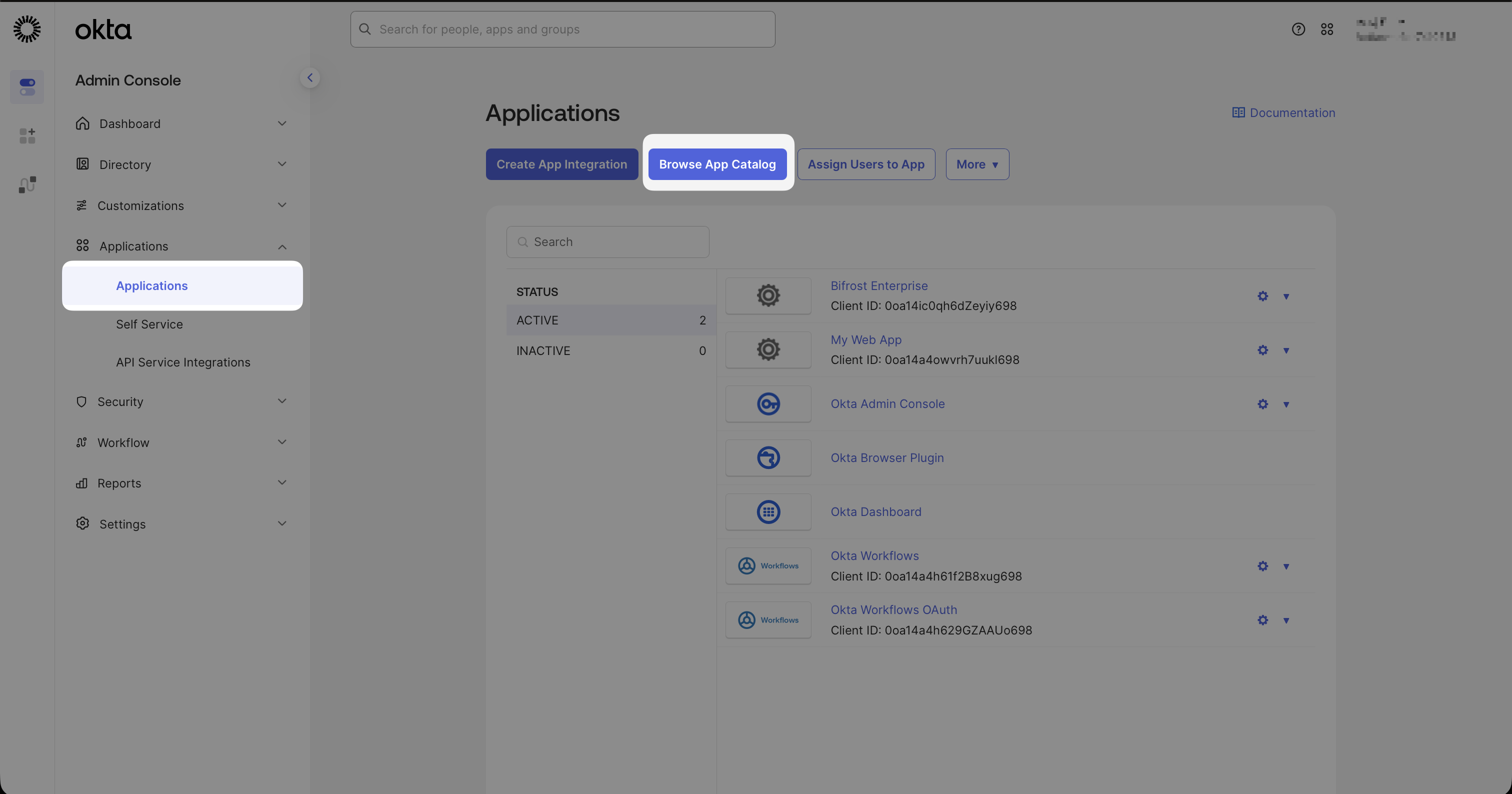 Okta Applications page with Browse App Catalog button highlighted