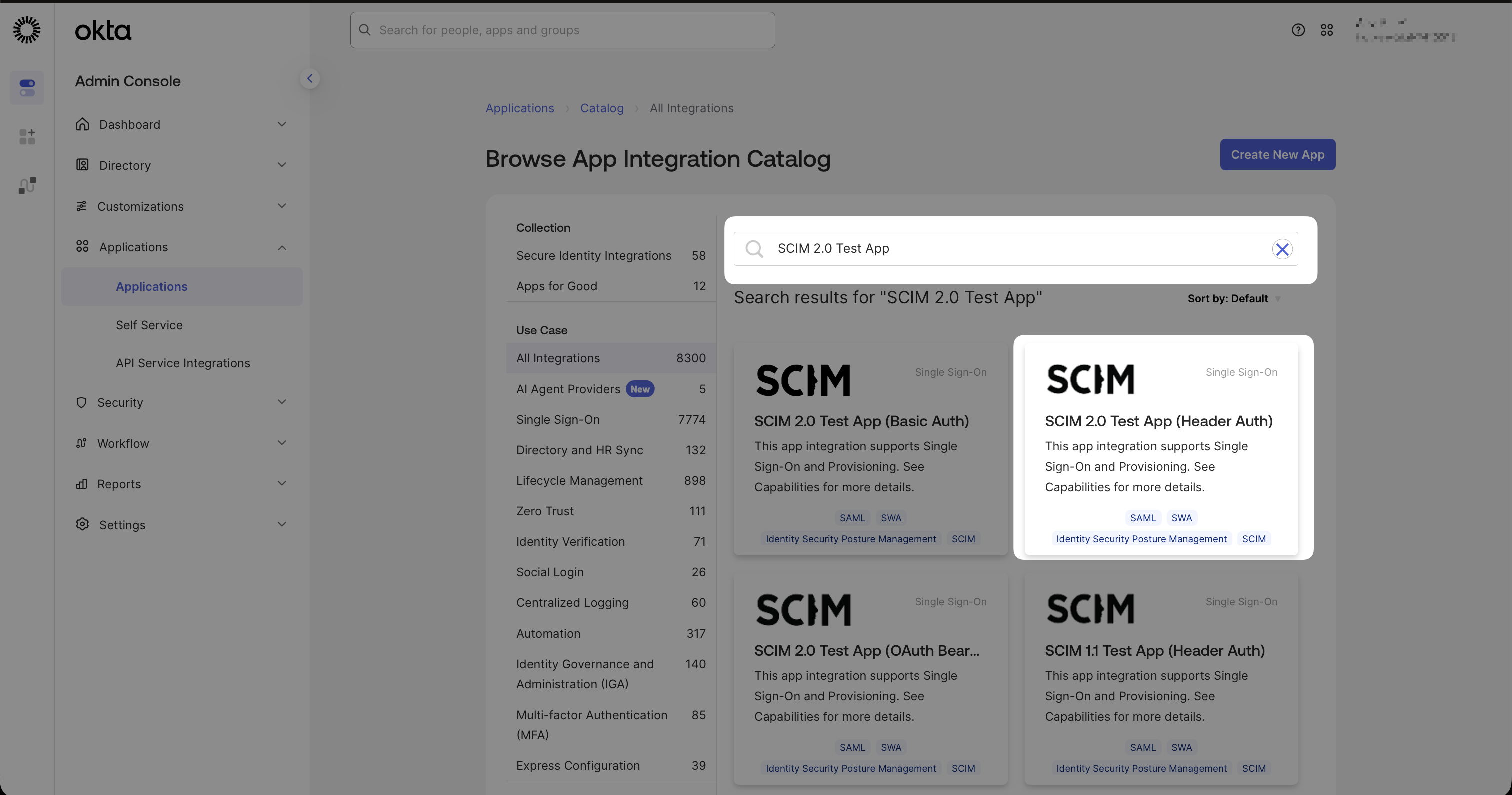 Okta App Catalog search results with SCIM 2.0 Test App (Header Auth) highlighted