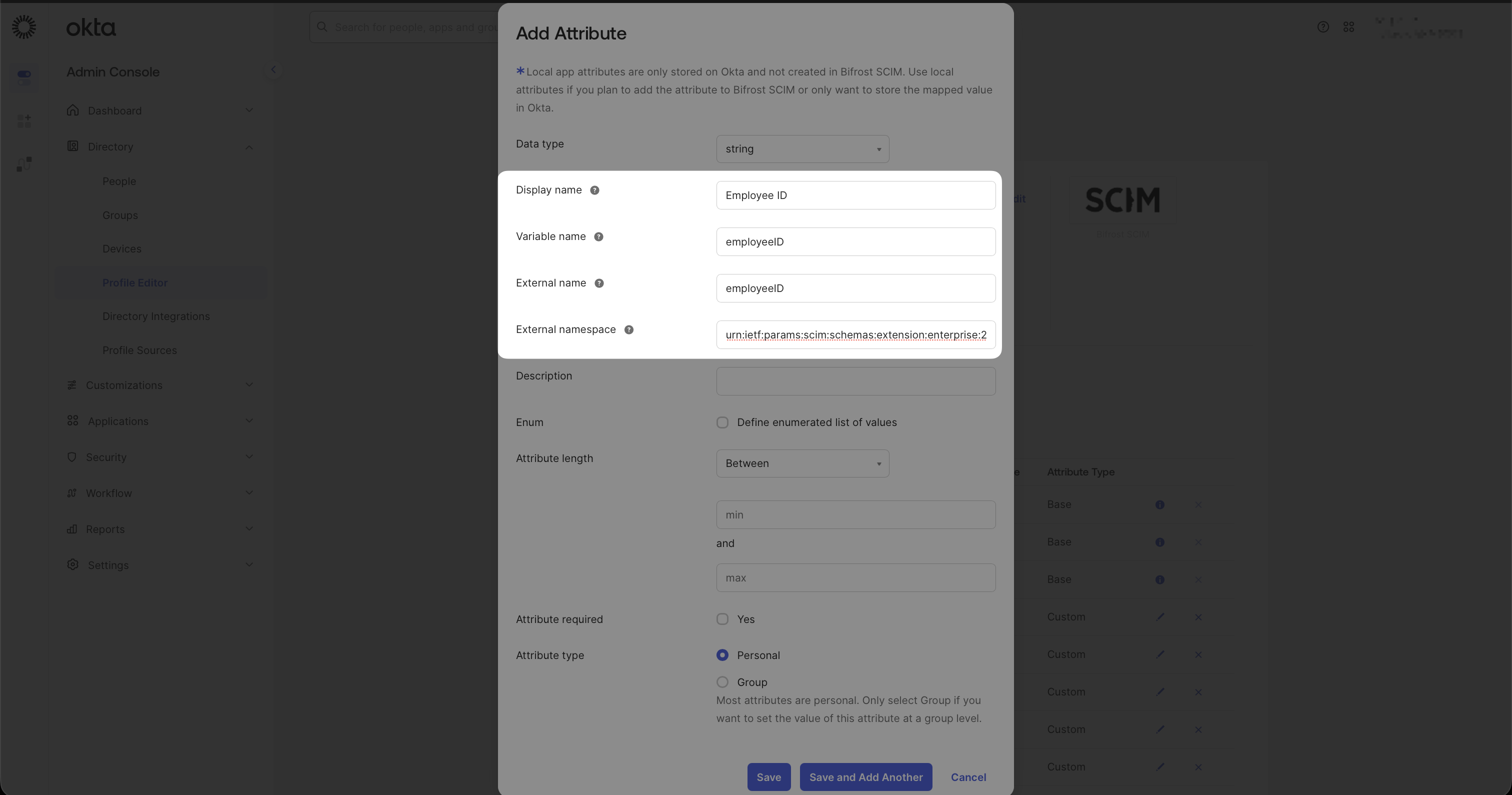Add Attribute dialog with Display name Employee ID, Variable name employeeID, and External name employeeID filled in