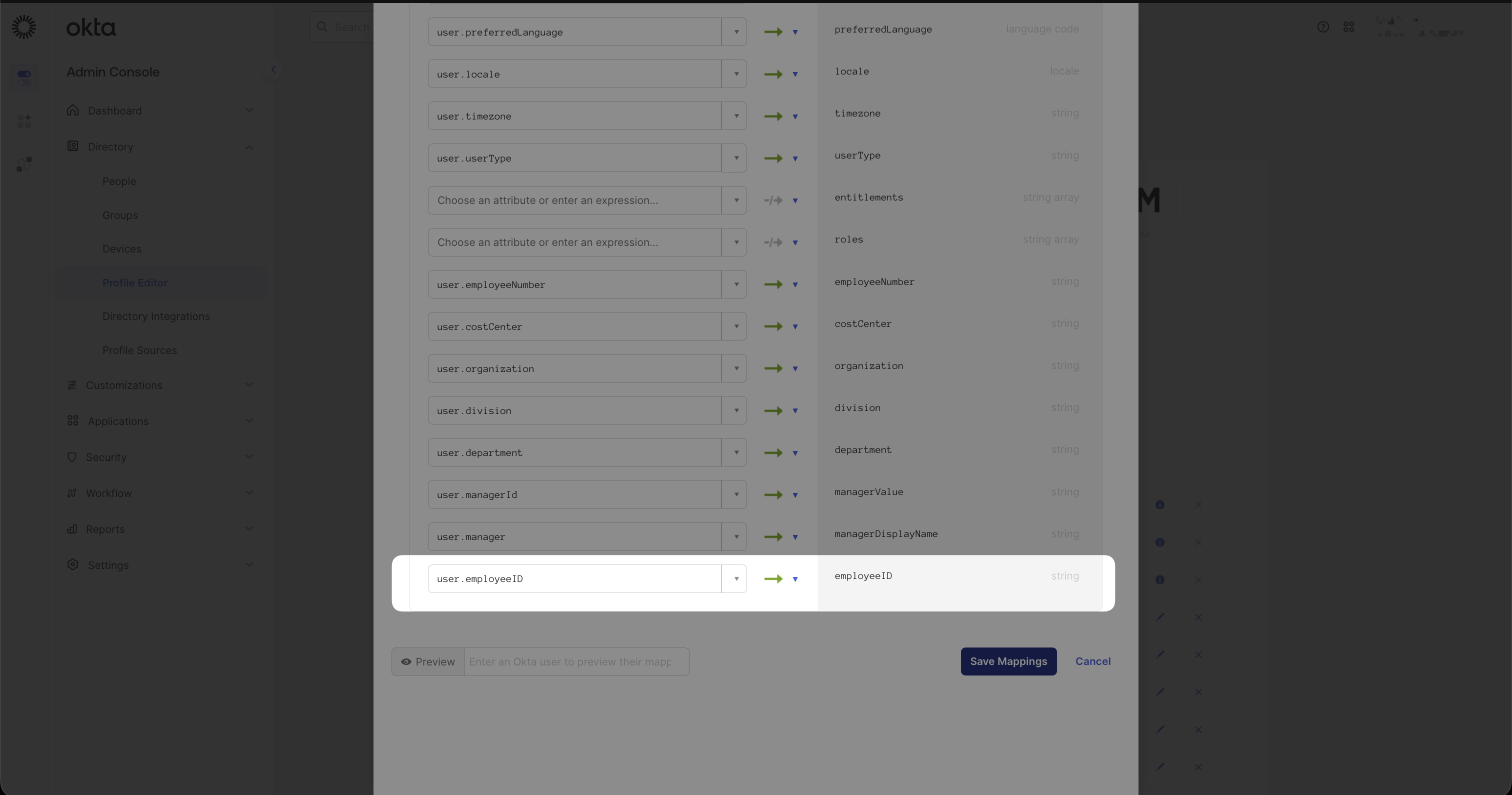 Attribute mapping row showing user.employeeID mapped to the employeeID SCIM attribute