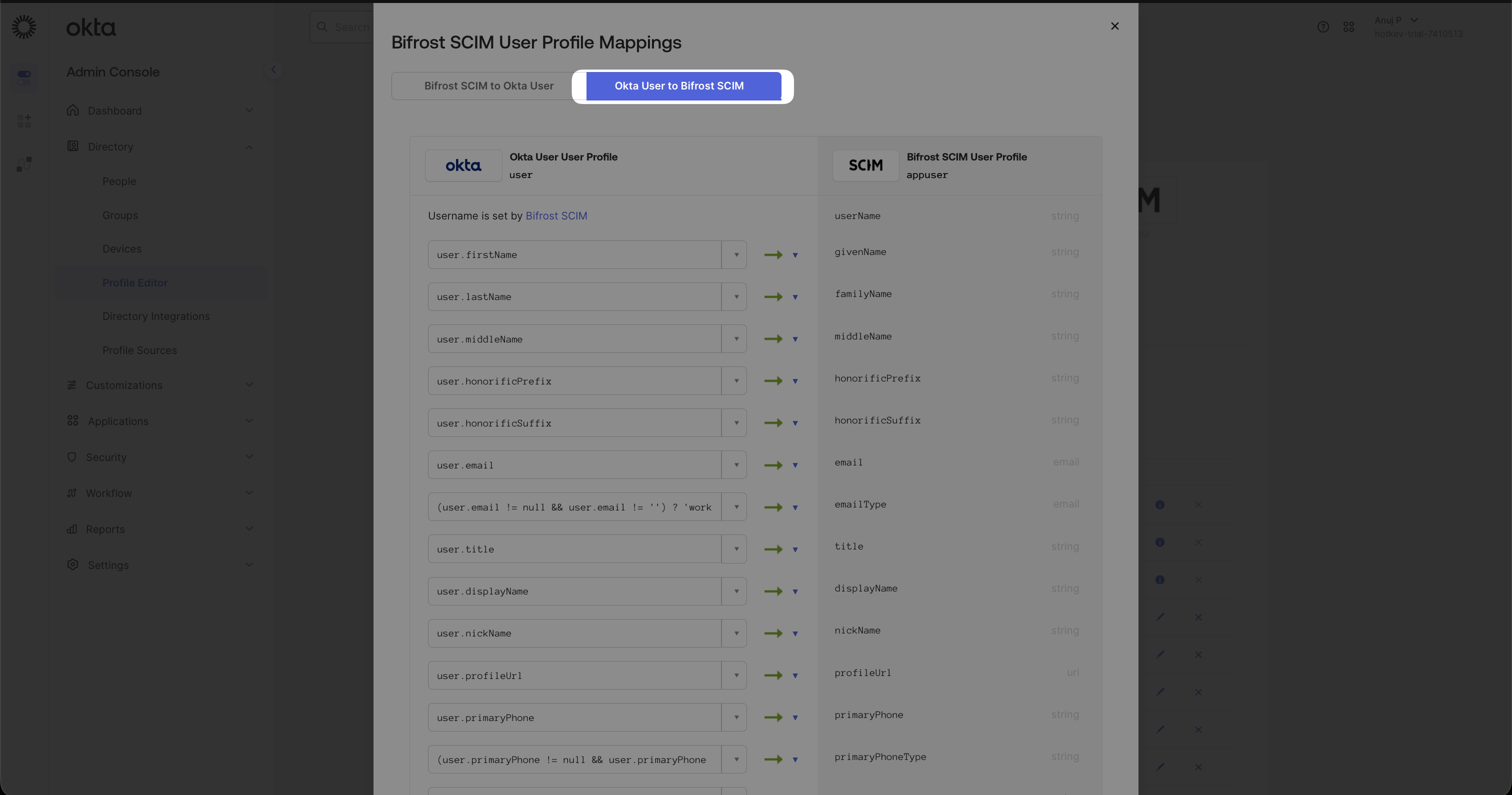 Okta User to Bifrost SCIM mapping direction tab showing attribute mapping fields