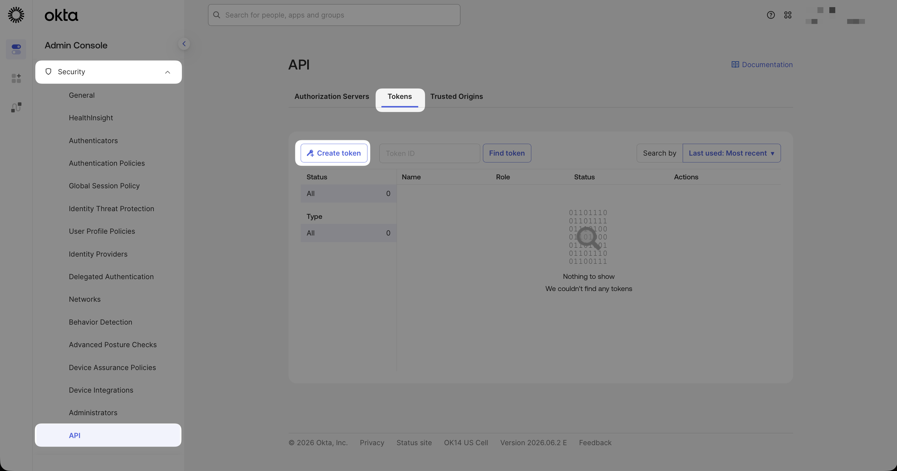 Security → API → Tokens page in Okta with Create Token button