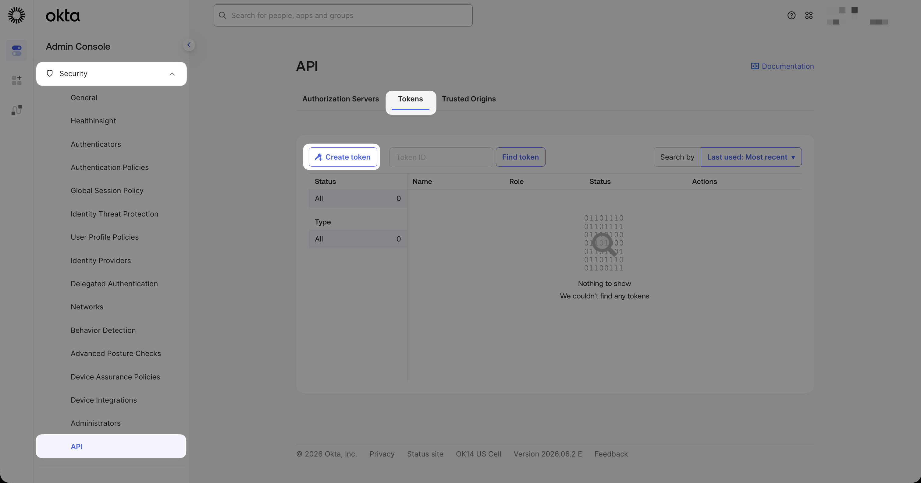 Security → API → Tokens page in Okta with Create Token button