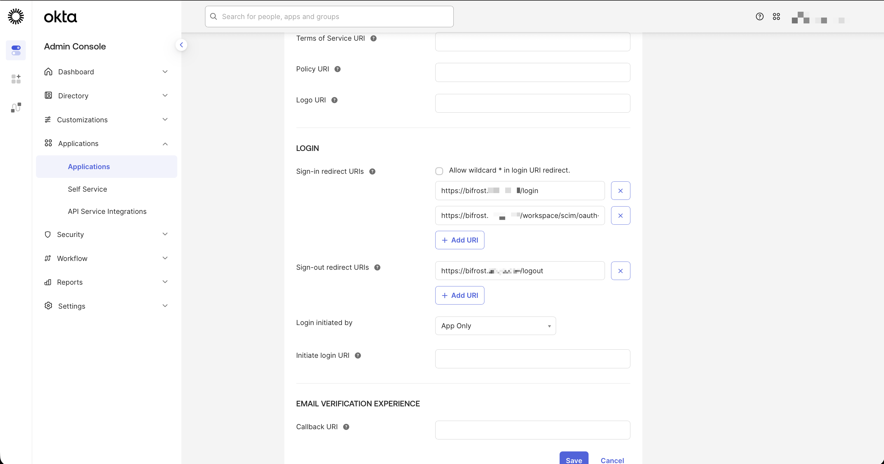 New Web App Integration form showing app name, grant type, redirect URIs, and assignment settings