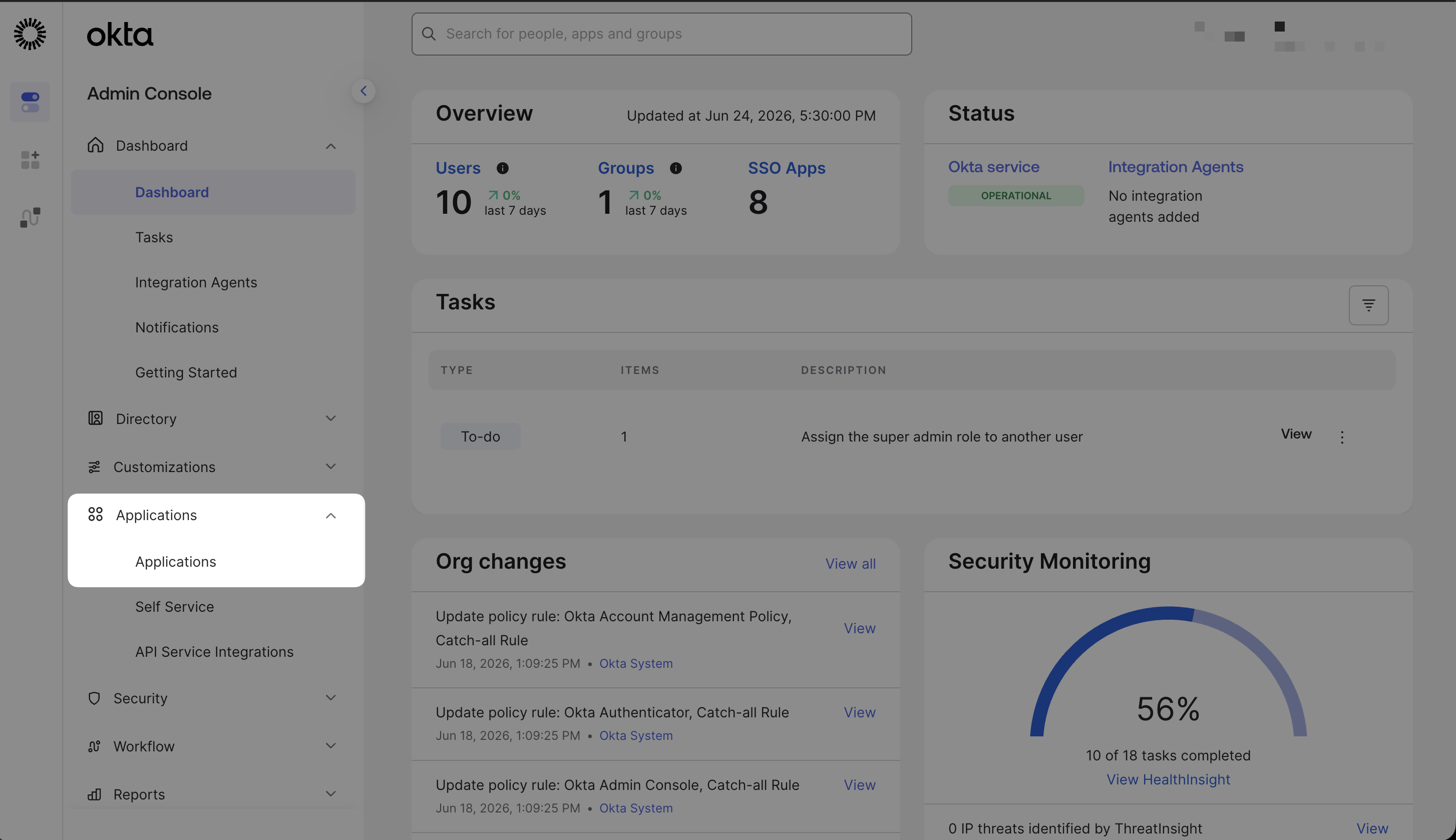 Okta admin console left nav with Applications → Applications highlighted
