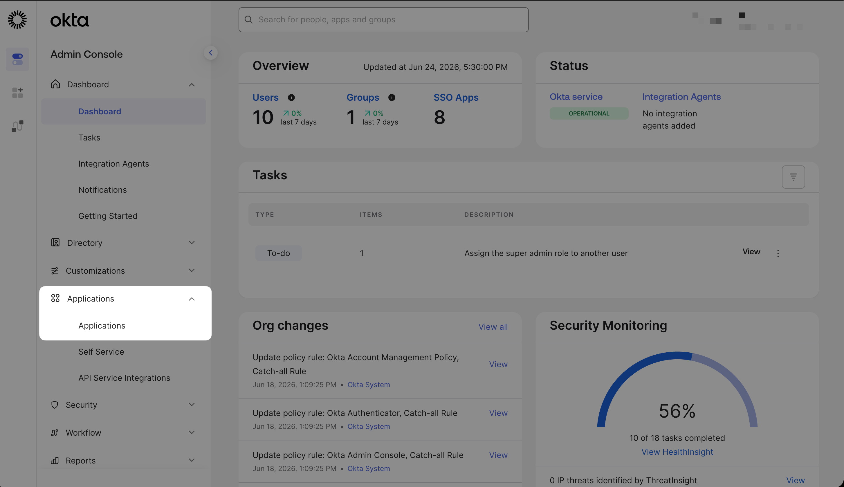 Okta admin console left nav with Applications → Applications highlighted
