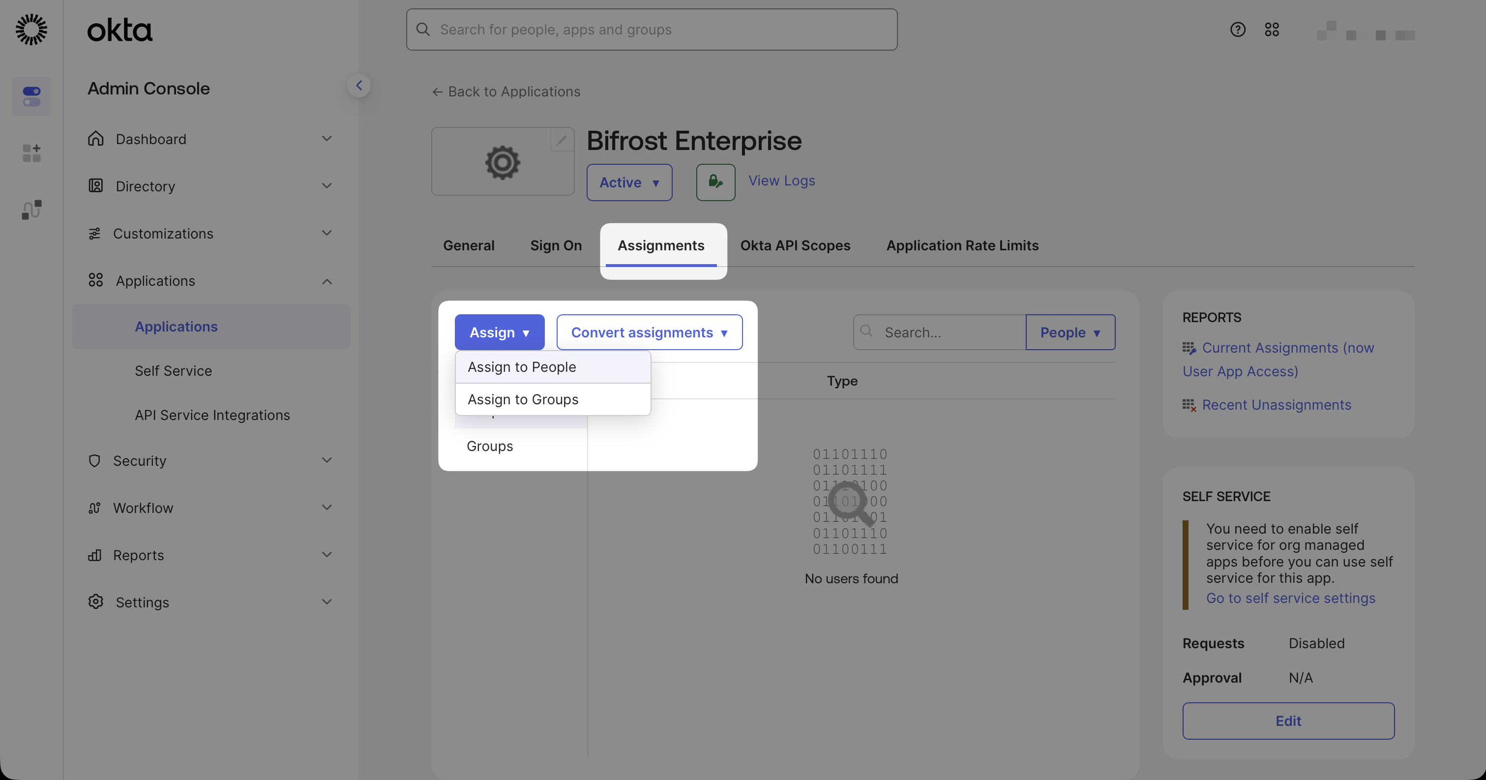 Assignments tab in the Bifrost Enterprise Okta app with Assign button highlighted